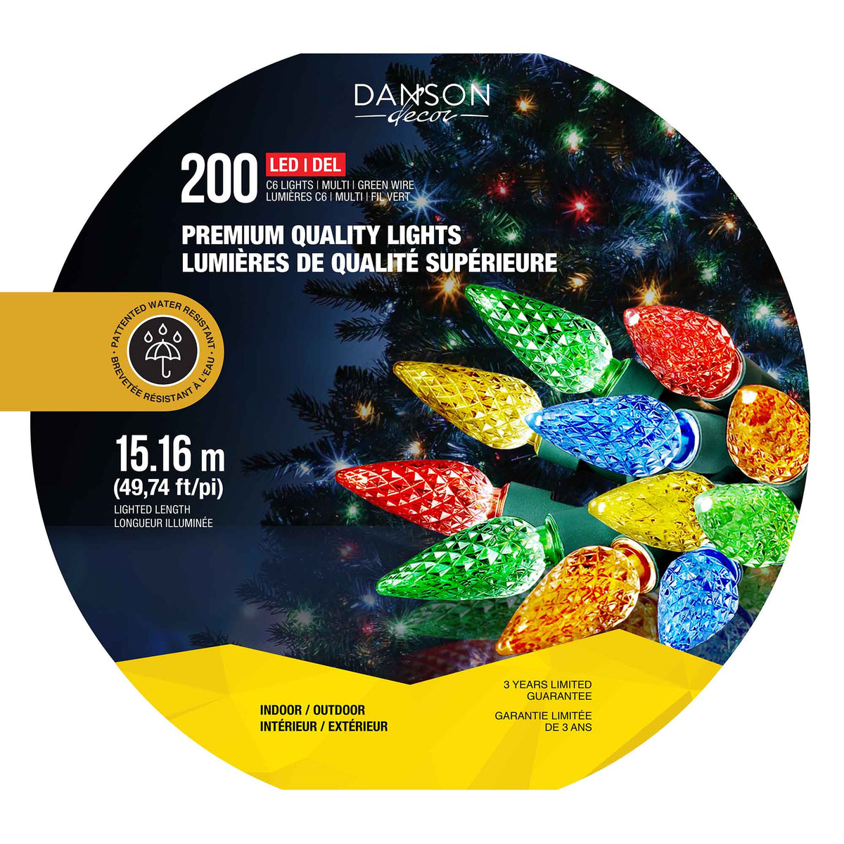 Jeu de 200 lumières C6 DEL à facettes de qualité supérieure en multicolore, 49,74' (15,16 m)