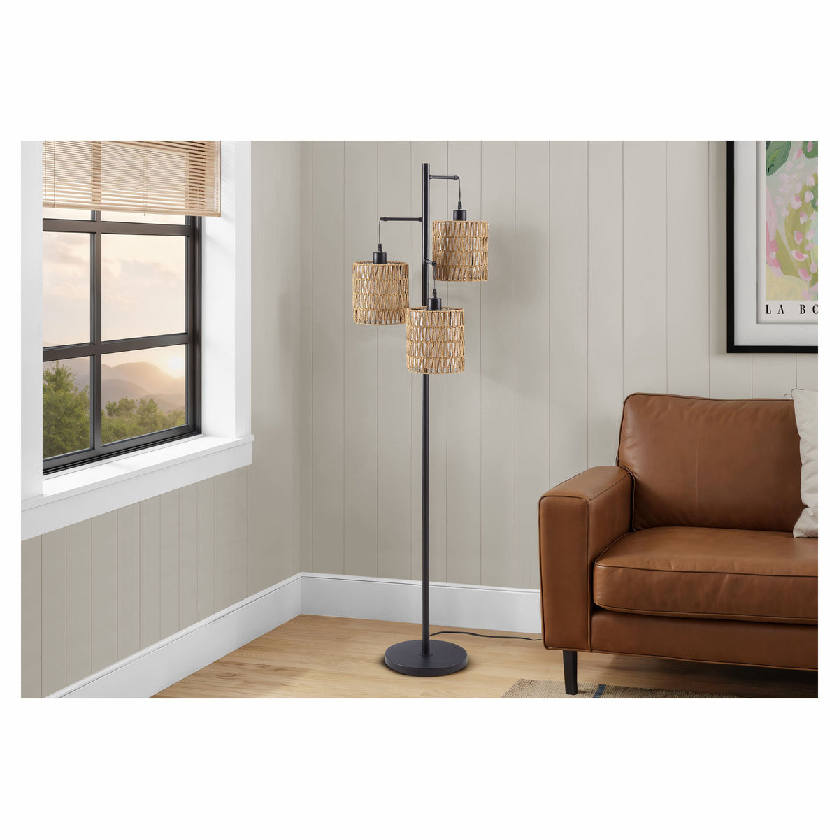 Lampe sur pied en métal noir avec abat-jours en cordage, 72-3/4"