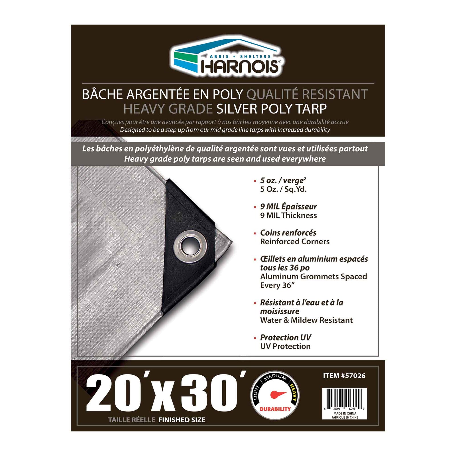 Bâche en polyéthylène argenté de qualité robuste, 20' x 30'