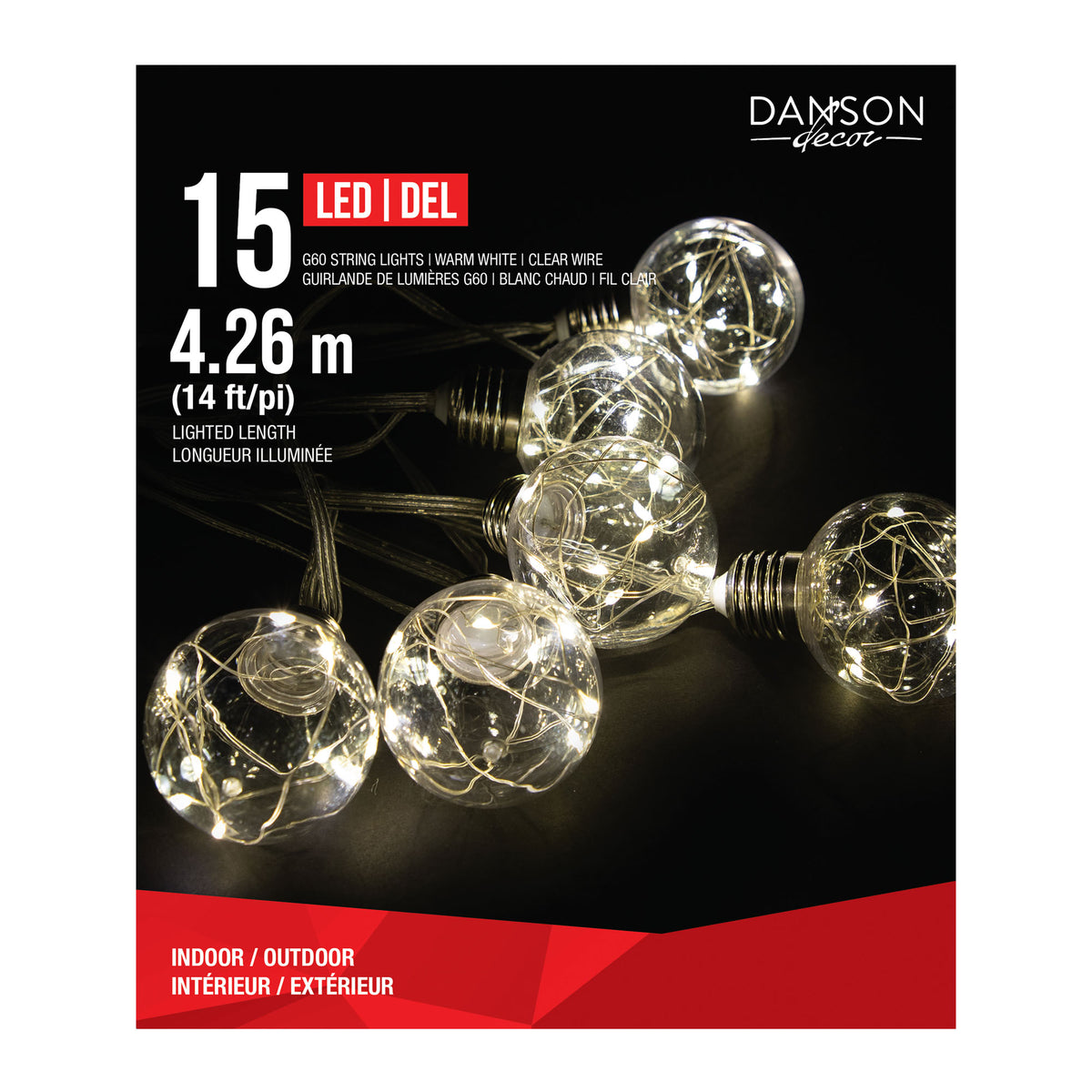 Guirlande de 15 lumières G60 avec 8 micropoints DEL dans chaque globe clair de 14' (4,26 m), blanc chaud