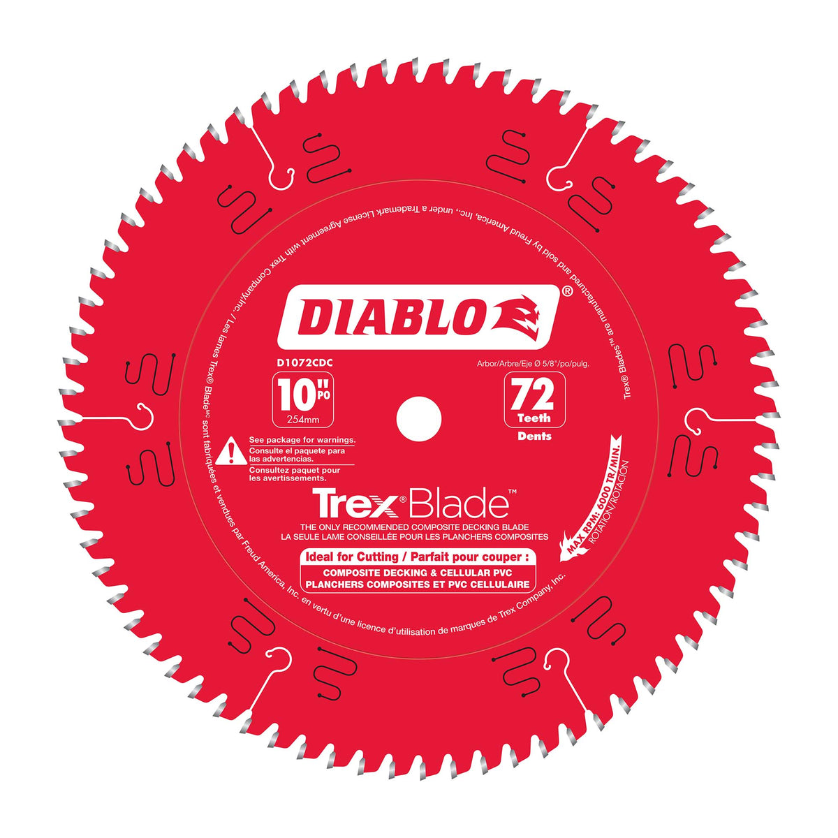 Lame TrexBlade Diablo pour matériaux de composites de 10&quot; à 72 dents, tige de 5/8&quot;