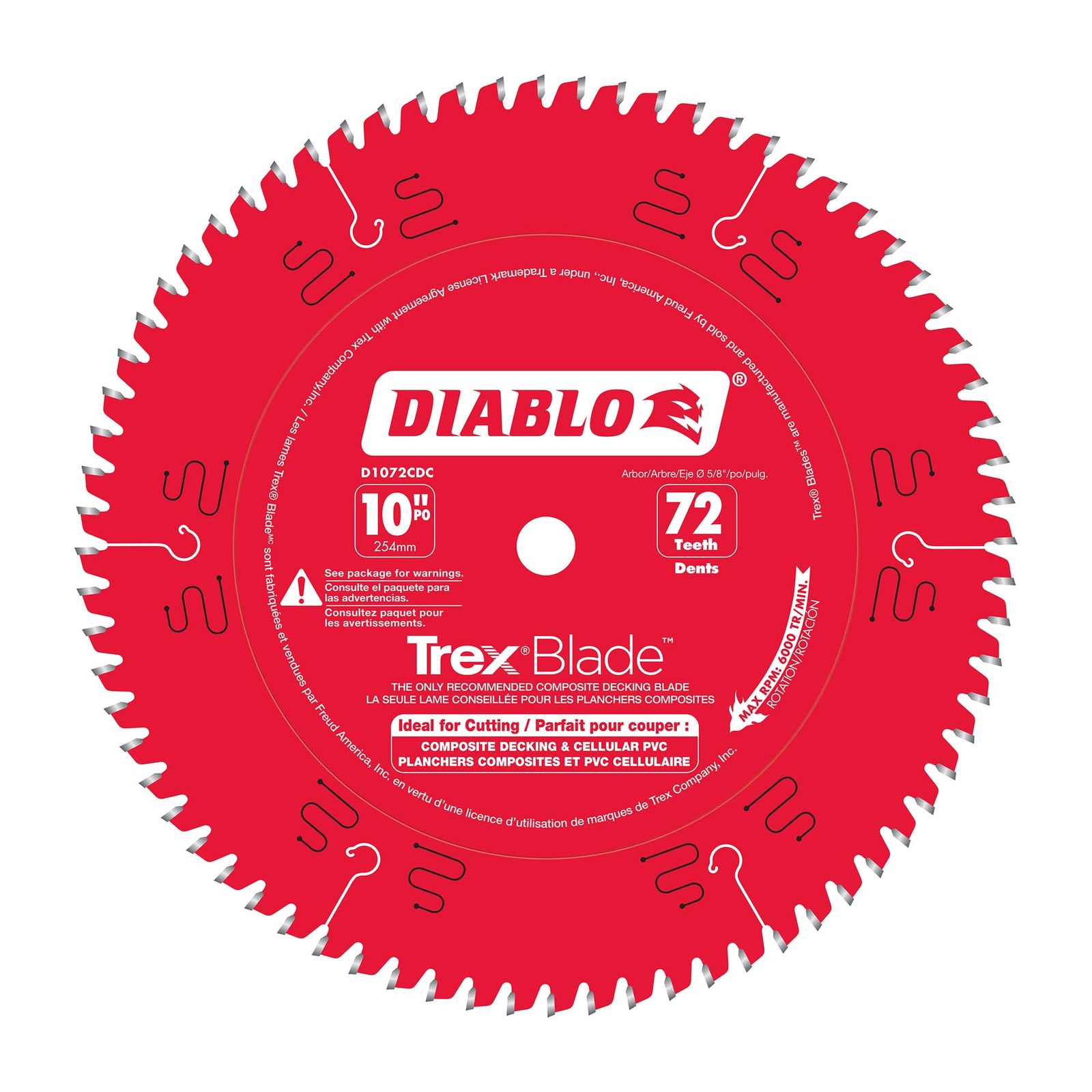 Lame TrexBlade Diablo pour matériaux de composites de 10" à 72 dents, tige de 5/8"