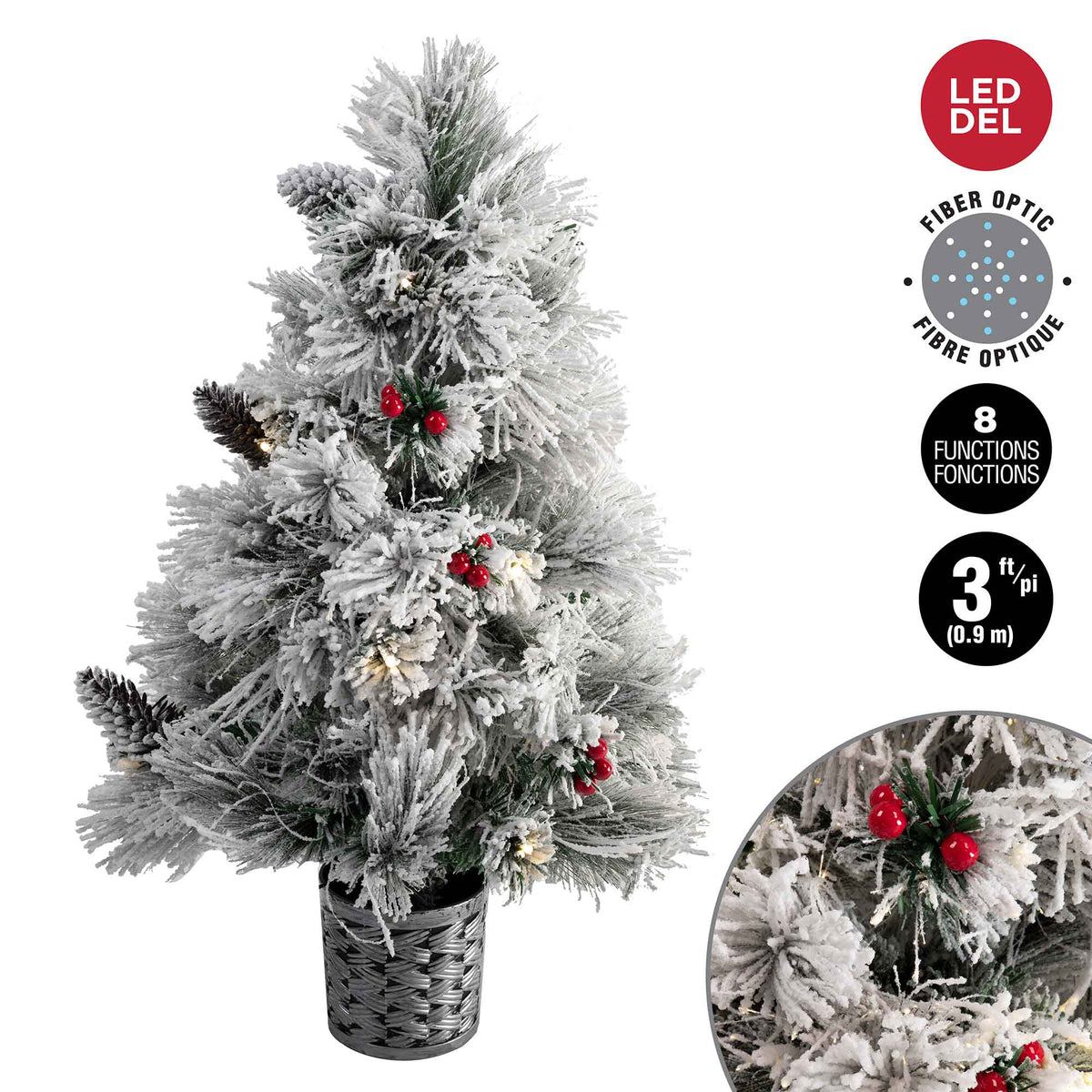 Sapin de Noël givré à longues aiguilles avec fibre optique DEL, baies et pommes de pin, 3' (0,9 m)