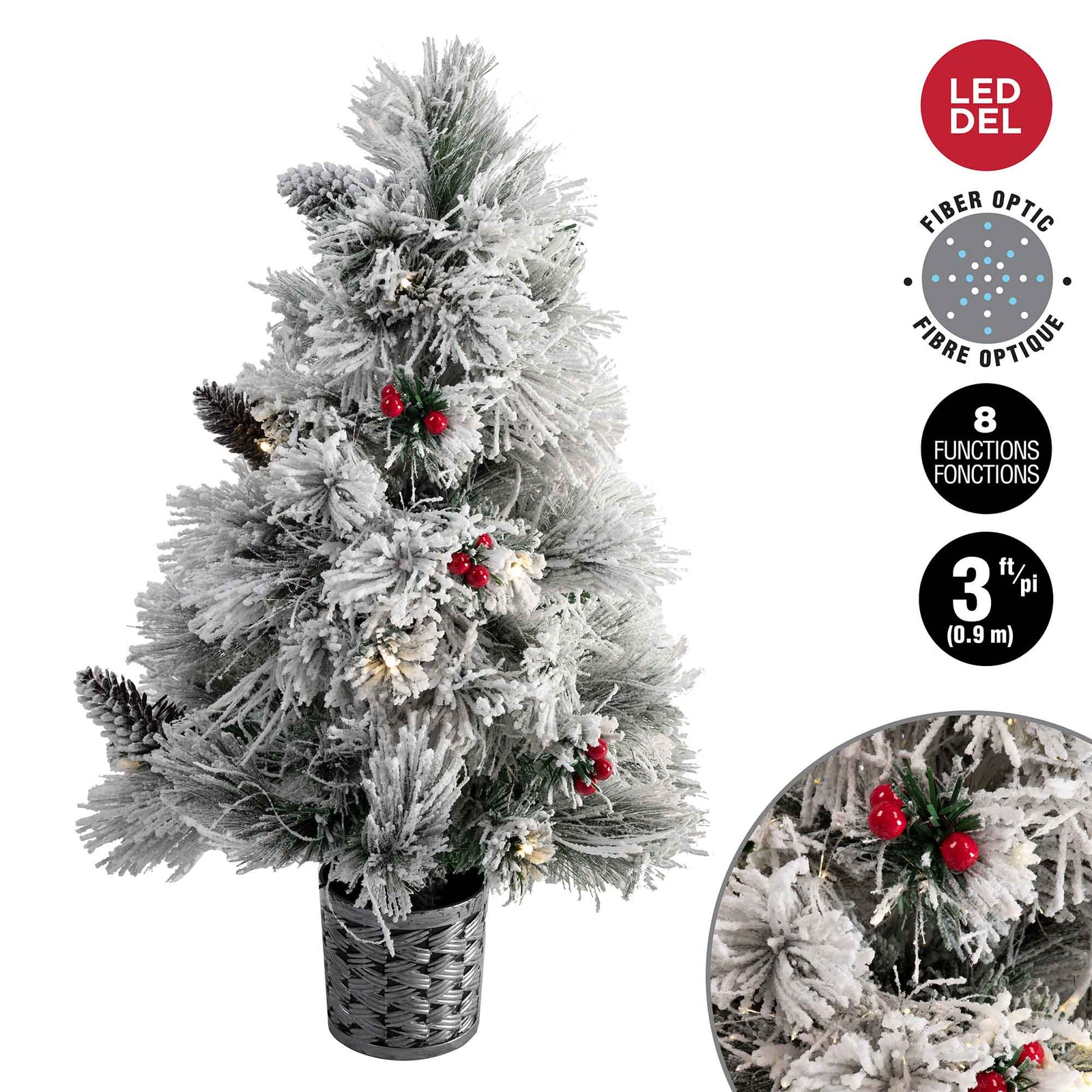 Sapin de Noël givré à longues aiguilles avec fibre optique DEL, baies et pommes de pin, 3' (0,9 m)
