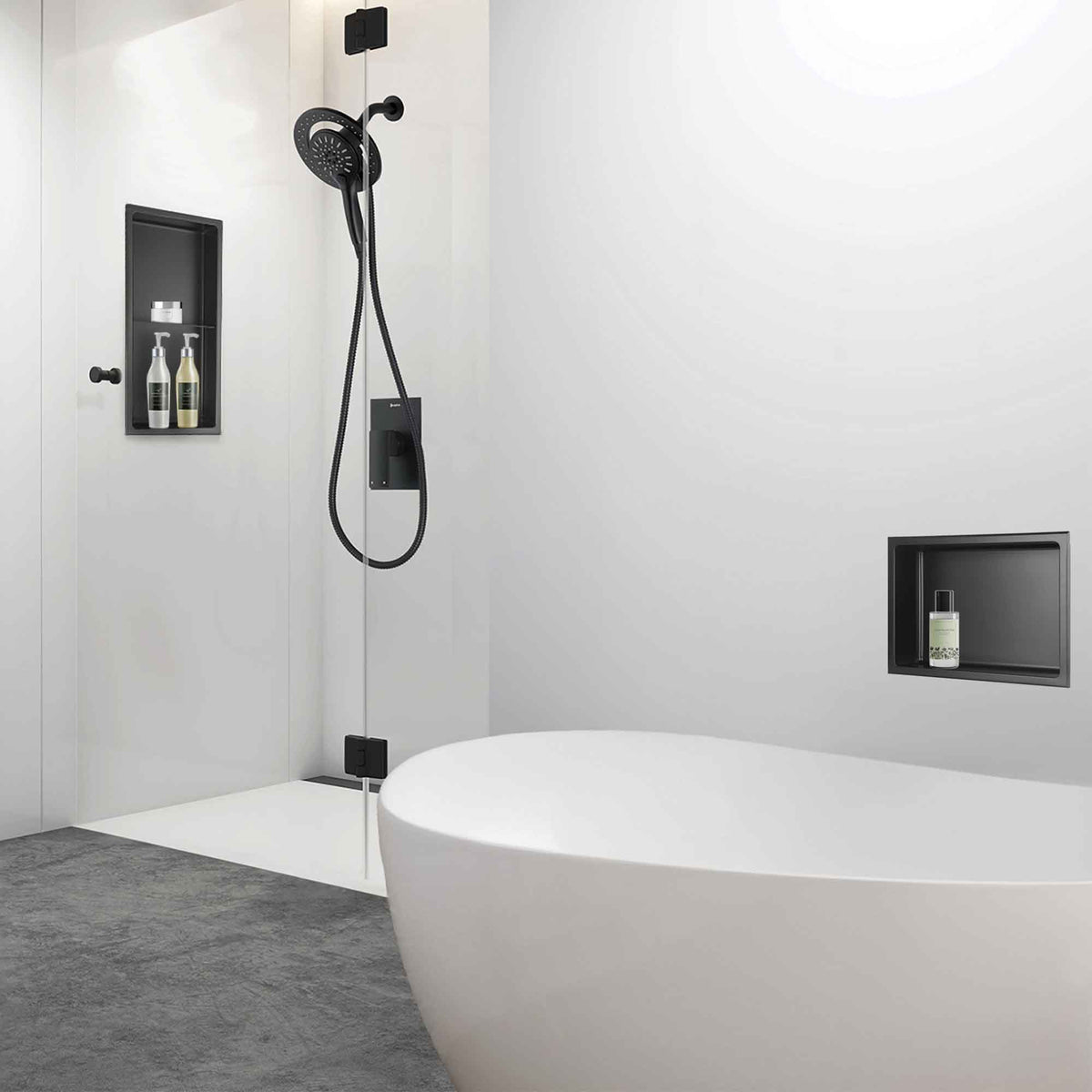 Niche de douche murale Layla en acier inoxydable noir mat, 12'' x 16''