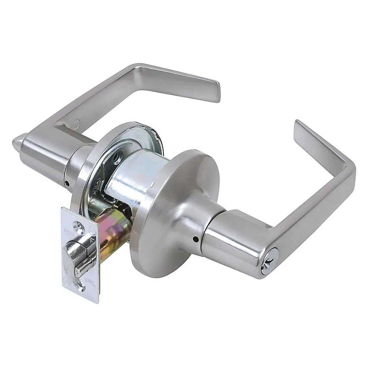 Poignée de porte avec serrure à clé et à levier pour usage commercial léger, chrome satiné
