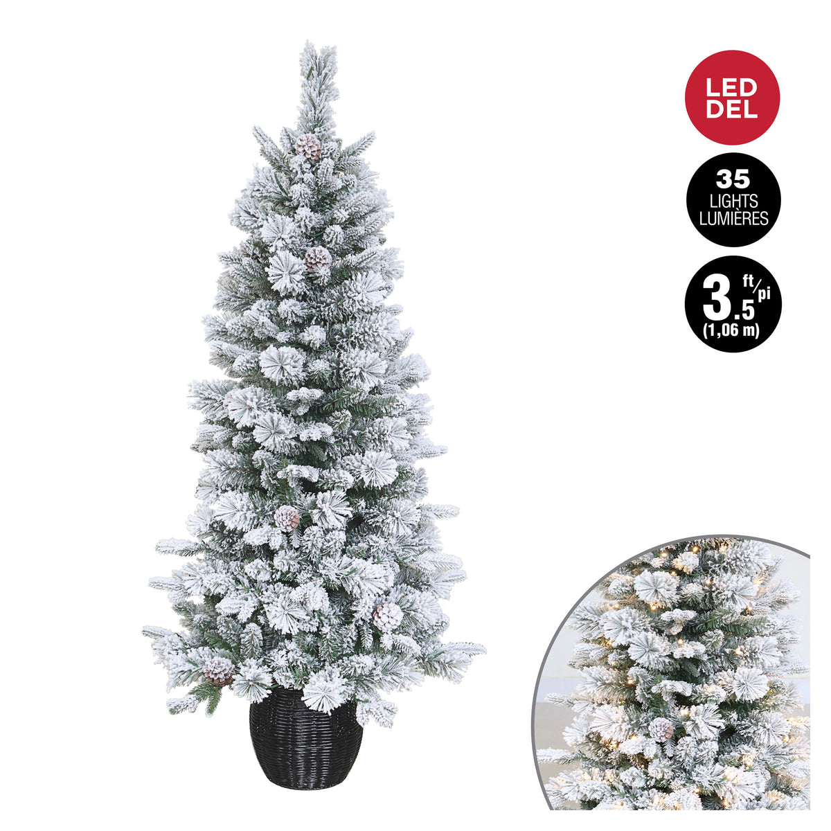 Arbre de 162 pointes floquées en PVC avec 35 lumières DEL dans un pot en rotin noir, 3,5' (1,06 m)