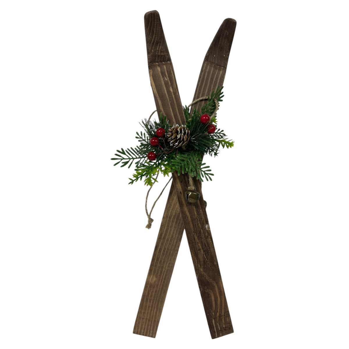 Skis décoratifs en bois avec feuillage vert, petit