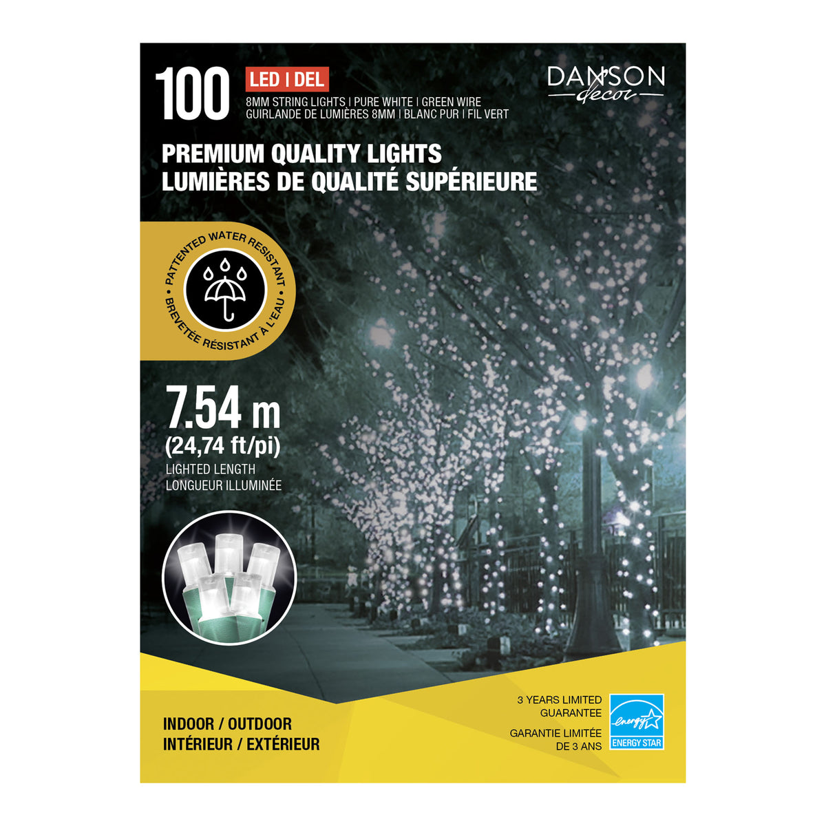 Guirlande de 100 lumières DEL de 8 mm de qualité supérieure sur fil vert de 24,74' (7,54 m), blanc pur