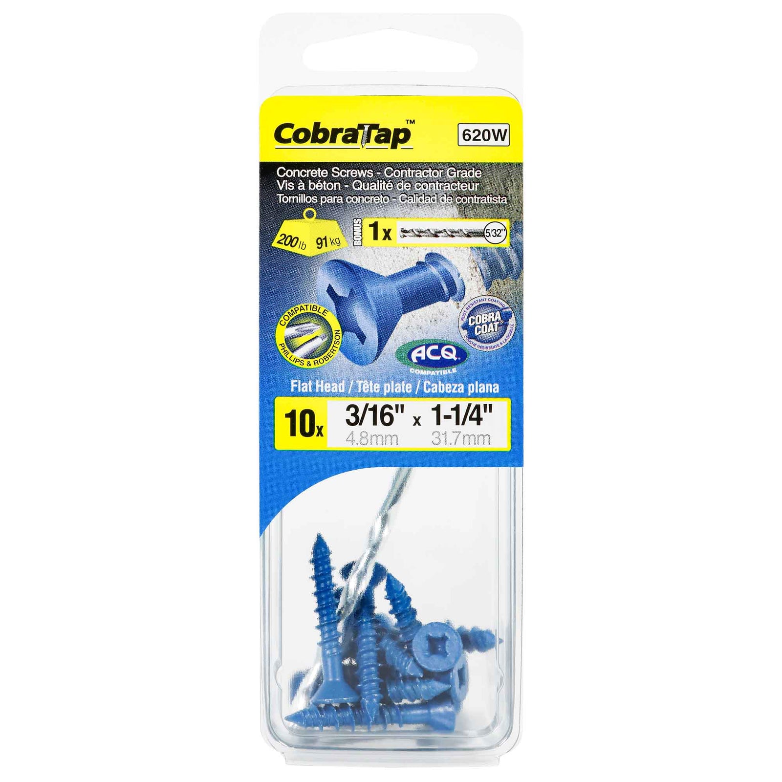 Vis à béton à tête plate CobraTap de 3/16" x 1-1/4", 10 unités