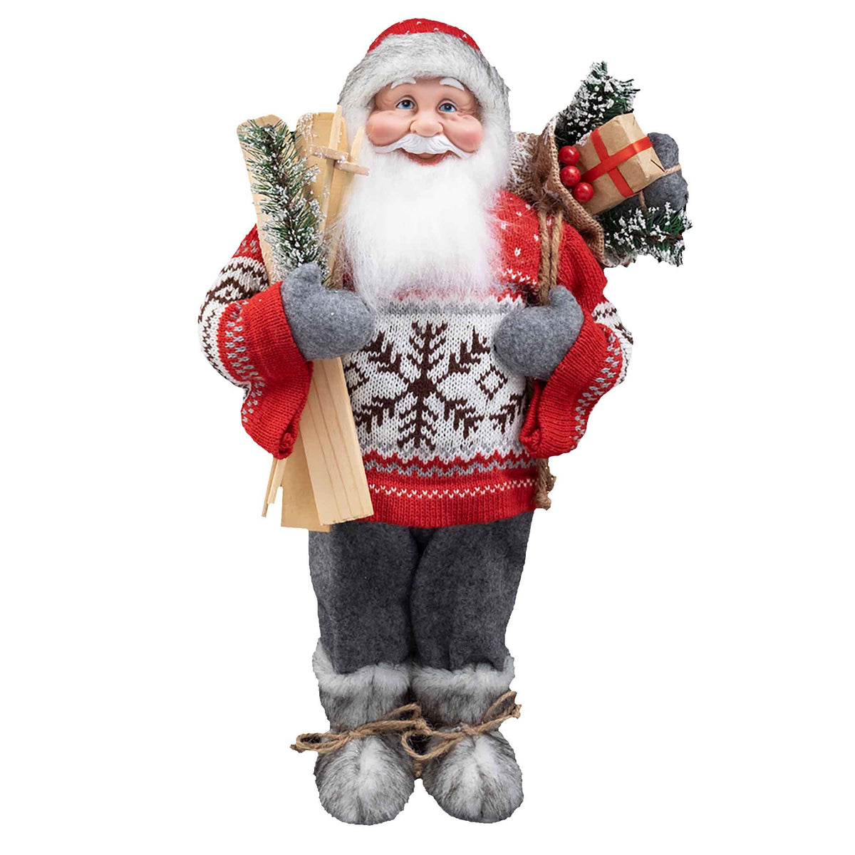 Père Noël debout avec sac de cadeaux et skis, 18"
