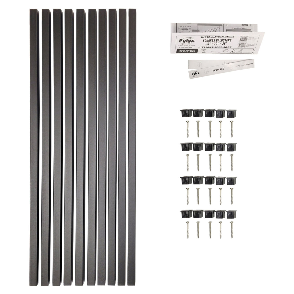Balustres carrés avec connecteurs en acier noir mat, 32" x 3/4" (10 unités)