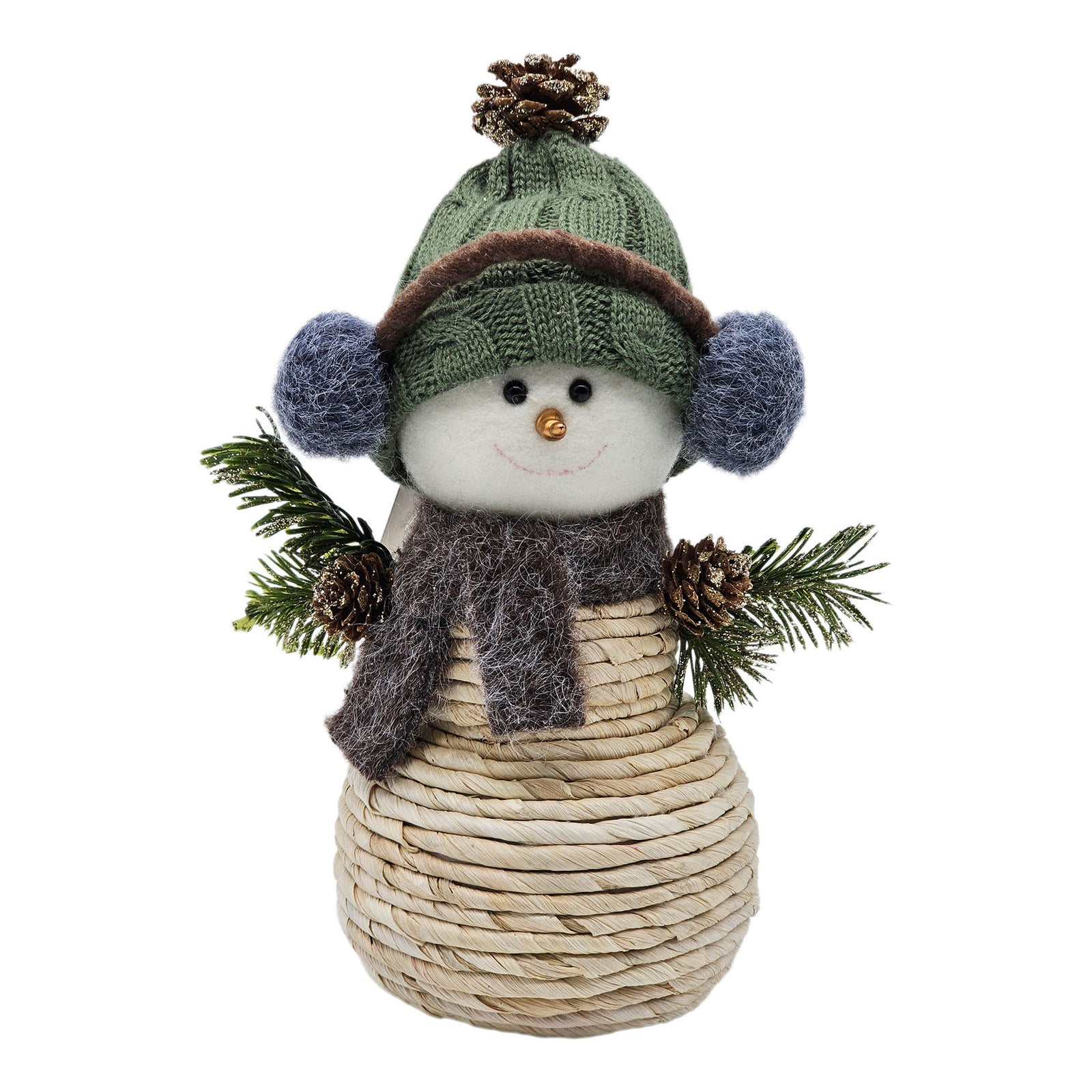 Bonhomme de neige avec cache-oreilles et corps en sisal tressé, 10''