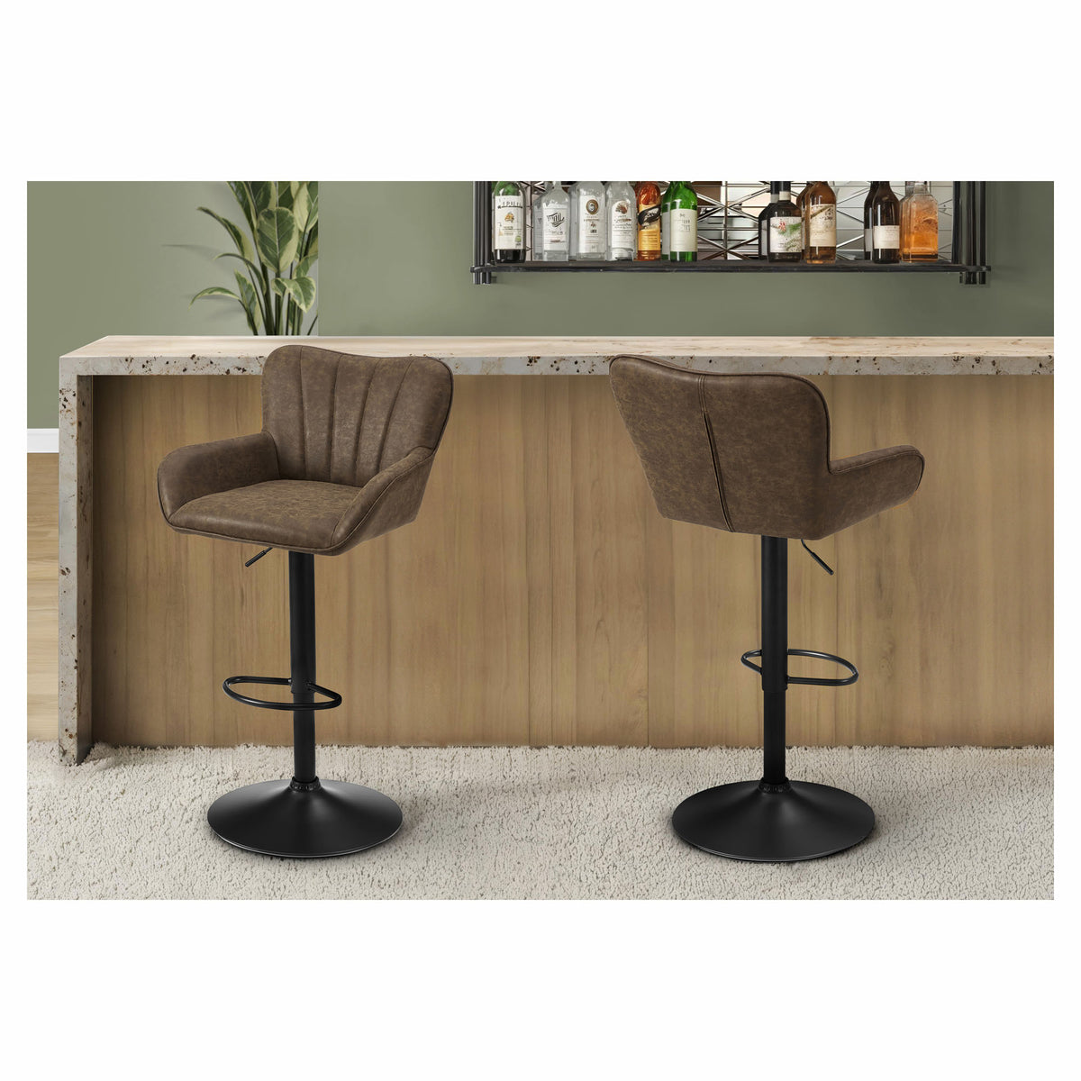 Tabouret avec assise en simili cuir brun et base en métal noir, 2 unités