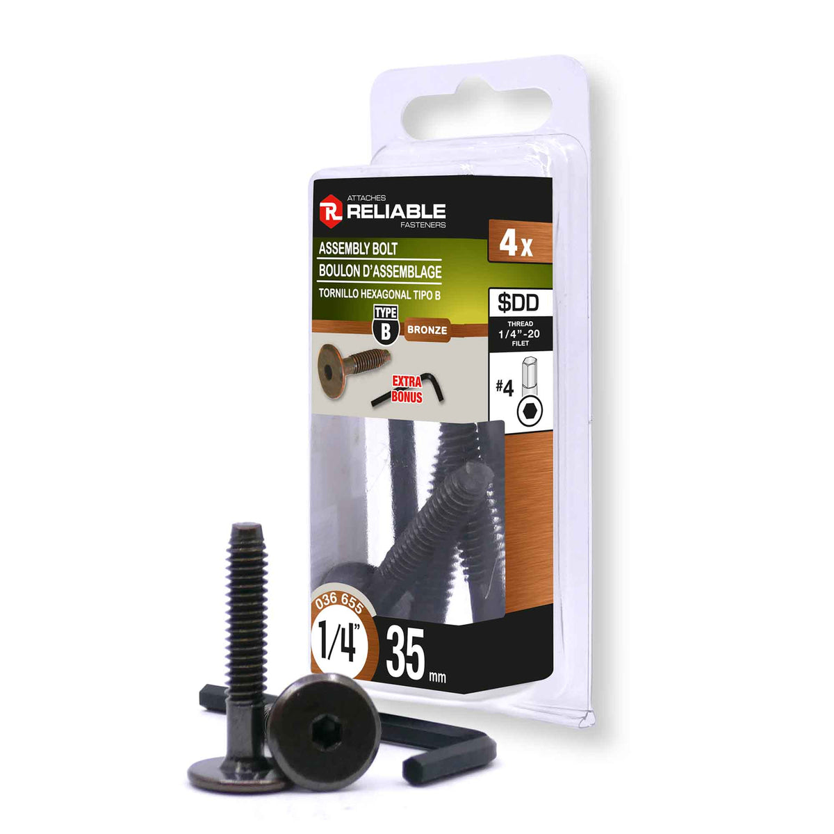 Boulon d'assemblage de Type JCB, 1/4'' x 35 mm (bronze huilé et clé hexagonale) - 4 unités