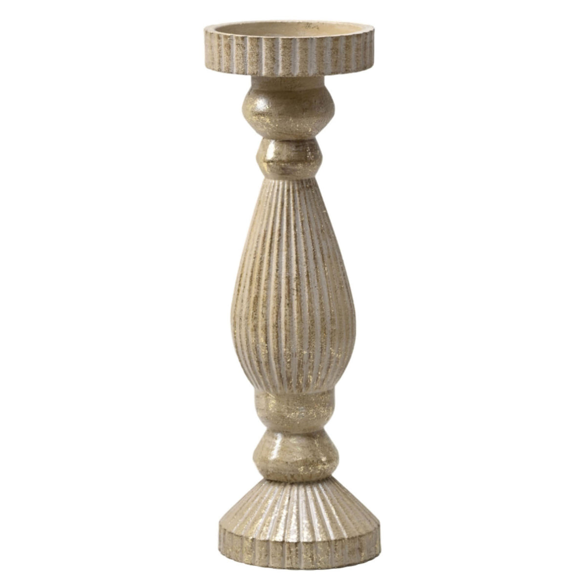 Porte-bougie antique d'aspect  bois avec un fini brossé brun clair et or, 13"
