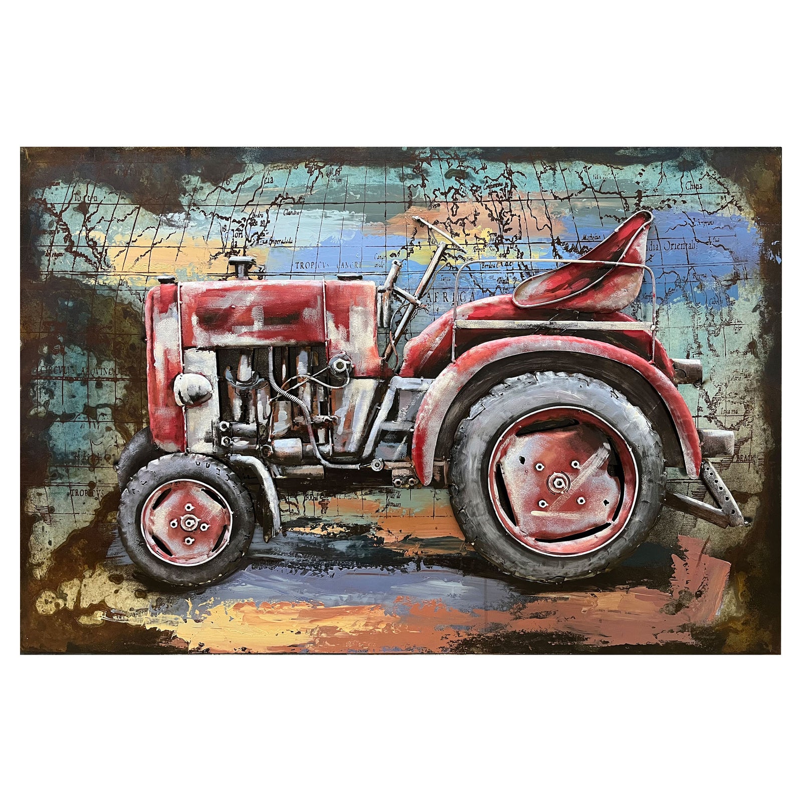 Canevas 3D de tracteur rouge rouillé peinture sur métal, 47-1/4'' x 31-1/2''
