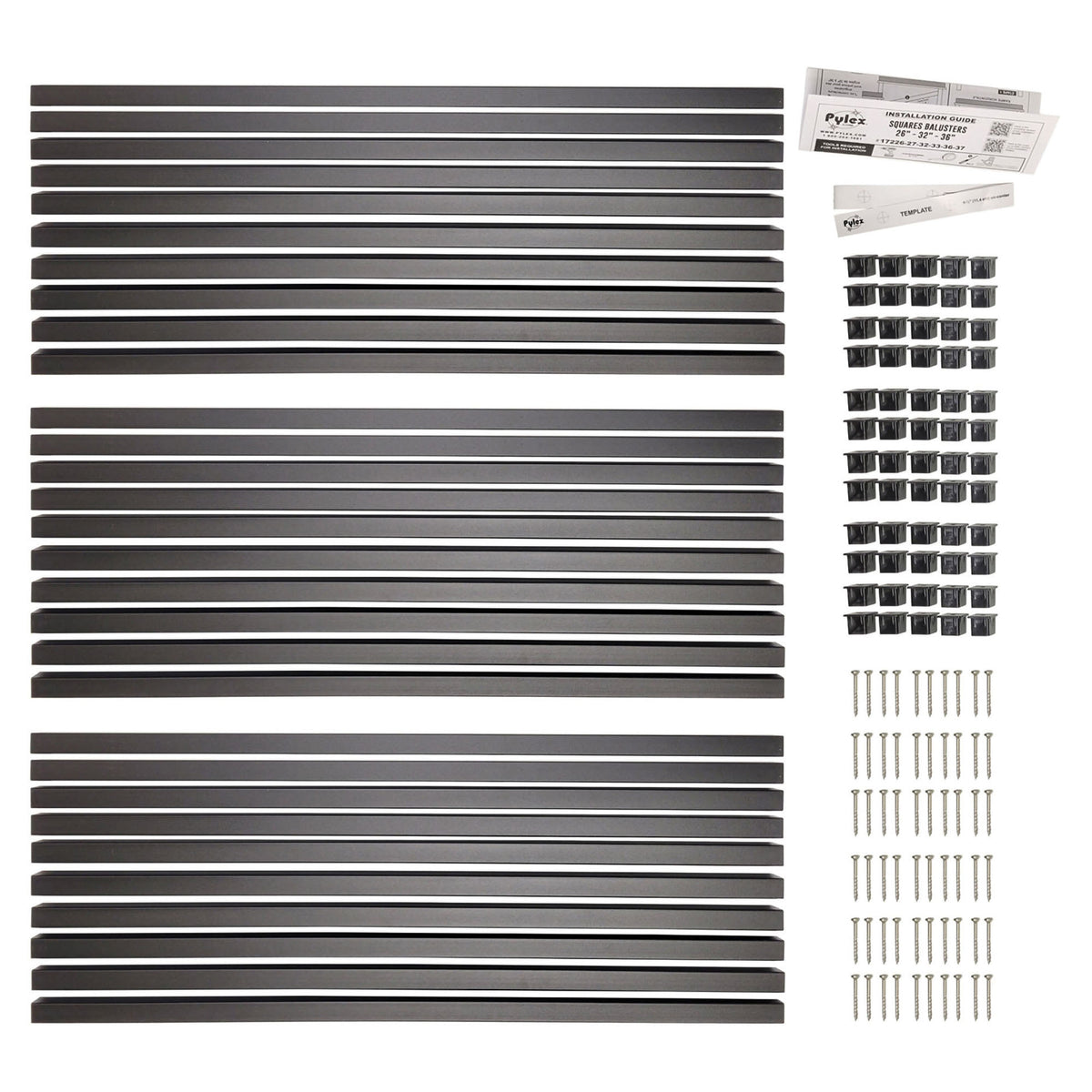 Balustres carrés avec connecteurs en acier noir mat, 32" x 3/4" (30 unités)