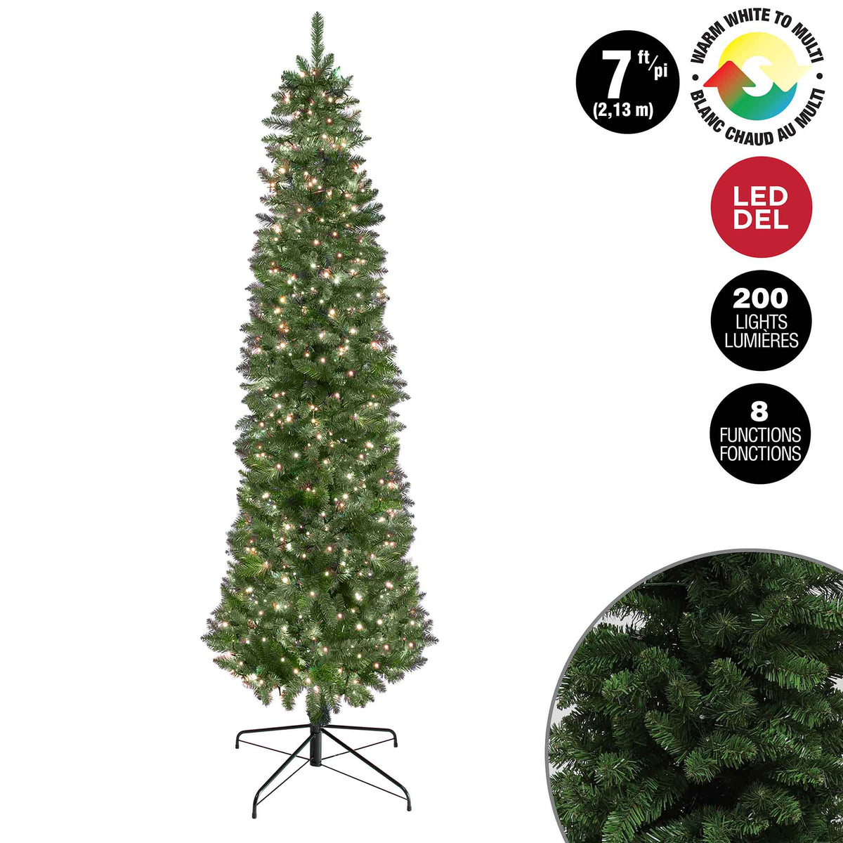 Sapin de Noël étroit à 200 lumières DEL 5 mm duo-couleurs avec 8 fonctions et 600 pointes, 7&#39; (2,13 m)