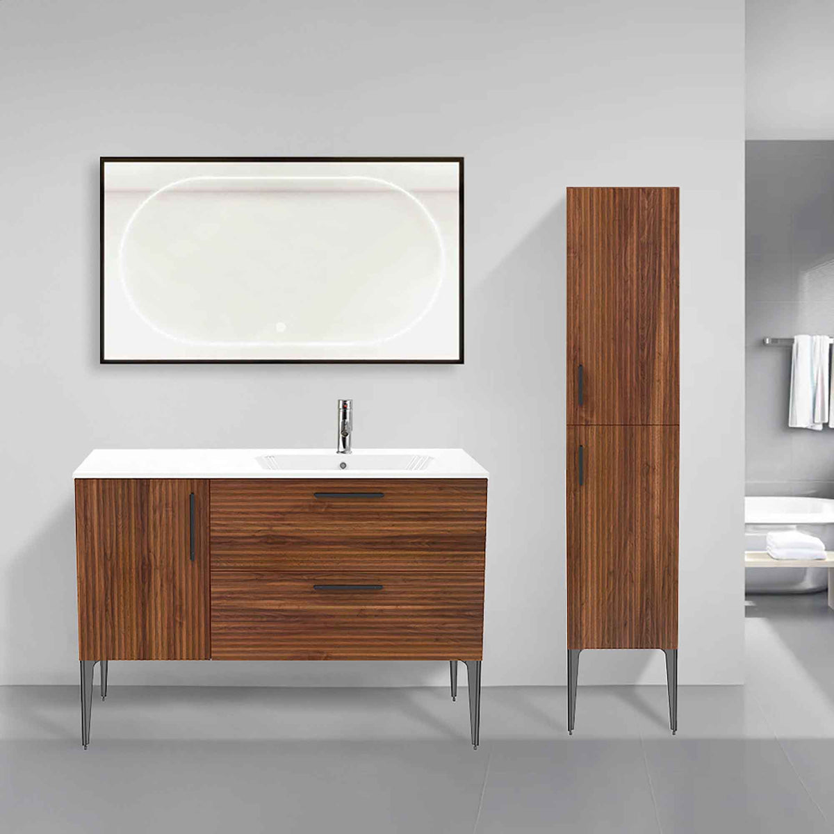 Meuble-lavabo autoportant au devant fini cannelé, 48'' (noisette)