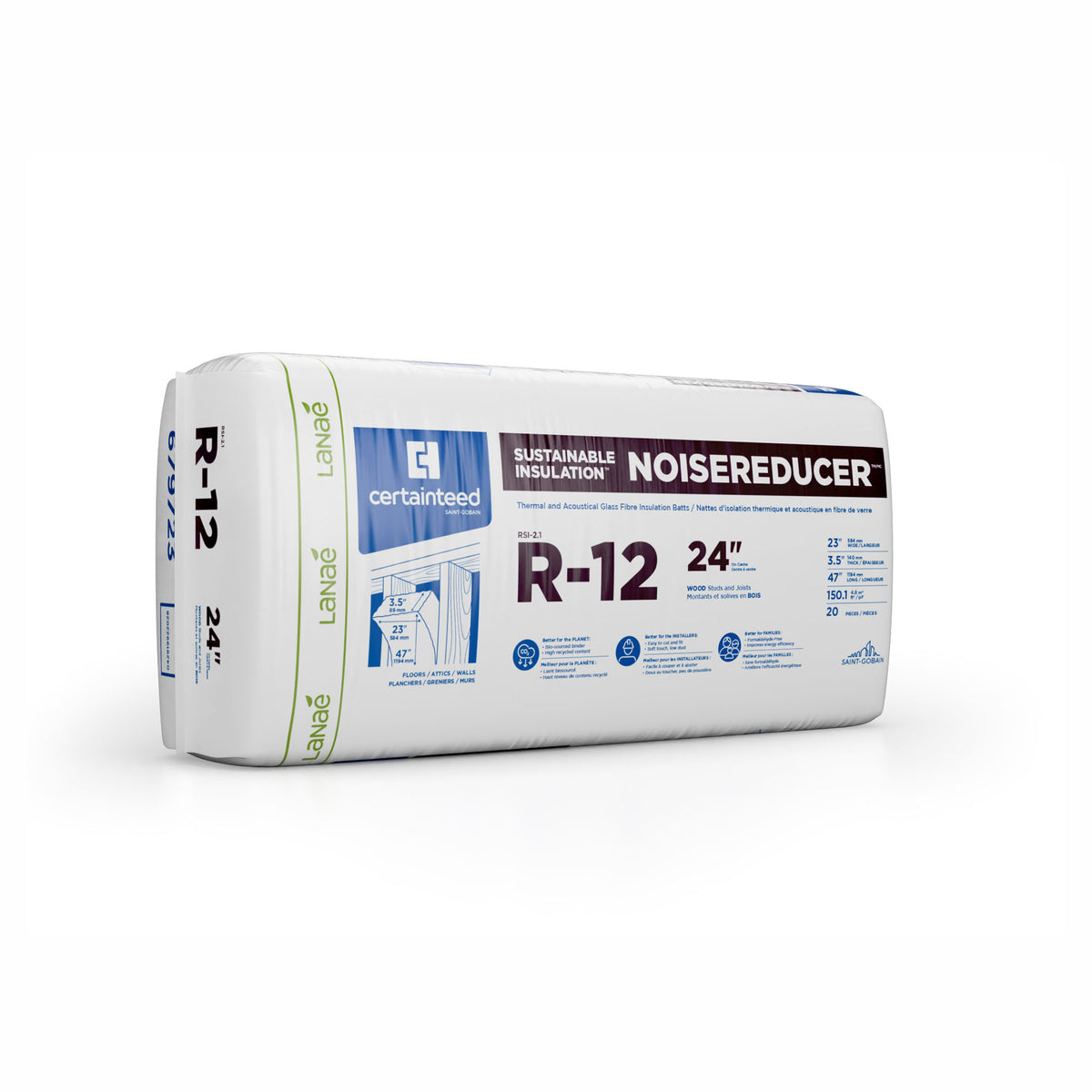 Laine d’isolation thermique et acoustique en fibre de verre R12, 3-1/2" x 23" x 47" (150,1 pi²)