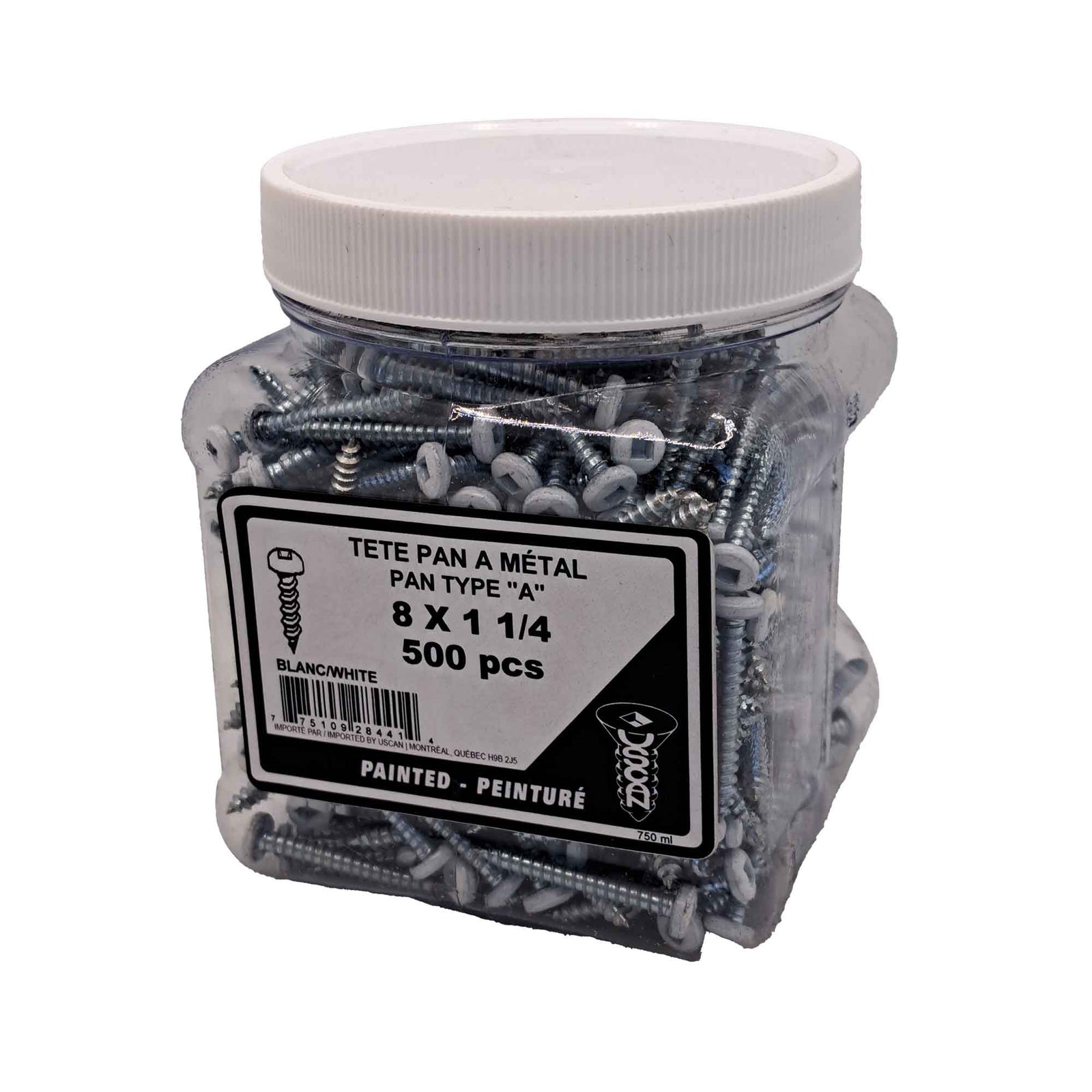 Vis pour métal à tête ronde de couleur blanche, #8 x 1-1/4" (pot de 500 unités)