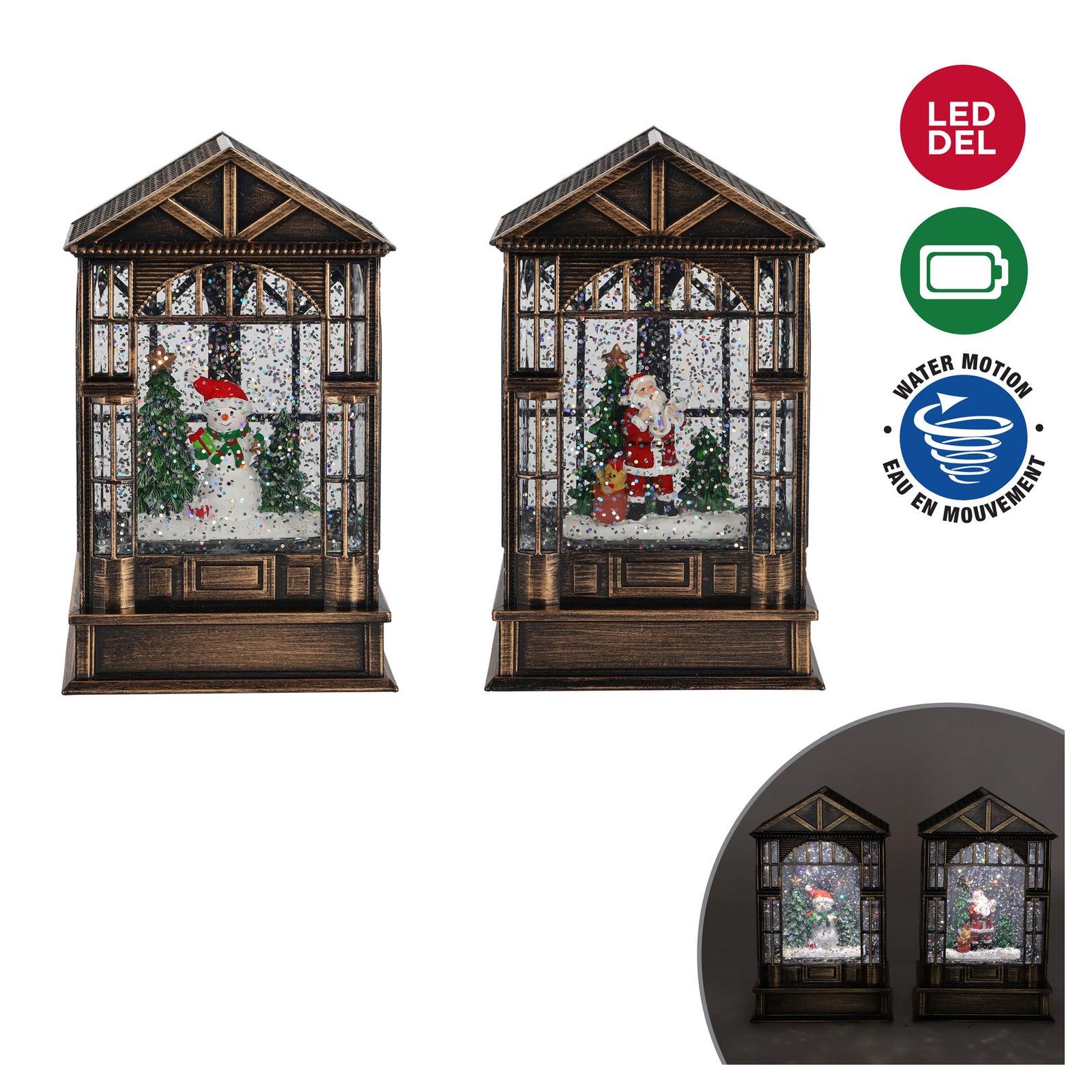 Globe d'eau pavillon de Noël avec lumière DEL blanc chaud, choix entre 2 modèles 