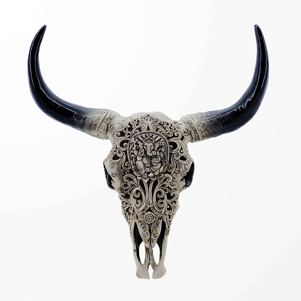 Décoration de crâne de taureau tribal sculpté, 16-1/4" x 5" x 17"