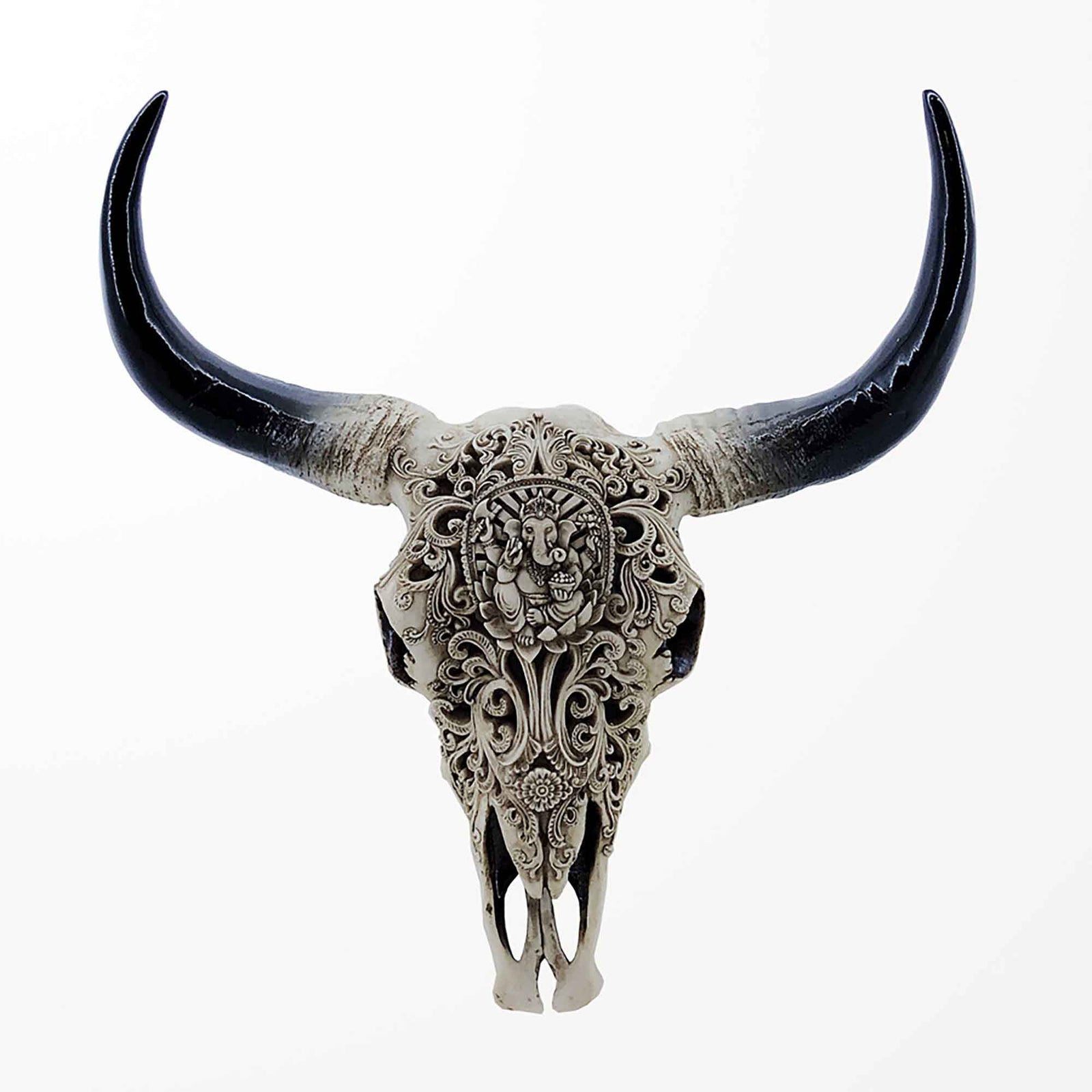 Décoration de crâne de taureau tribal sculpté, 16-1/4" x 5" x 17"