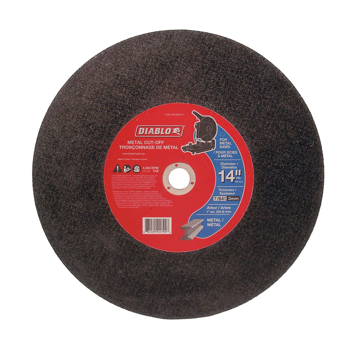 Disque de tronçonnage Diablo pour le métal de 14&quot; x 7/64&quot;, arbre de 1&quot;