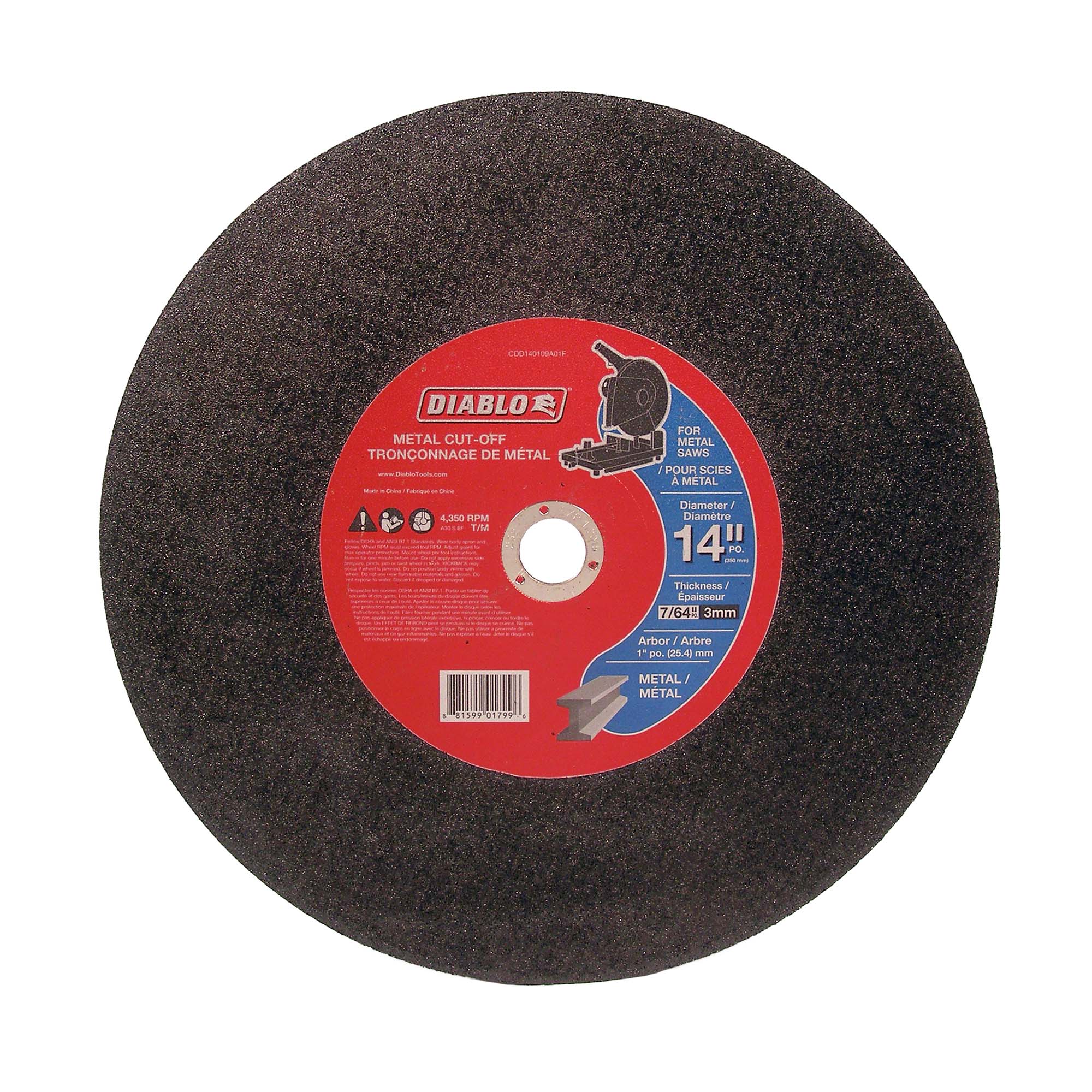 Disque de tronçonnage Diablo pour le métal de 14" x 7/64", arbre de 1"