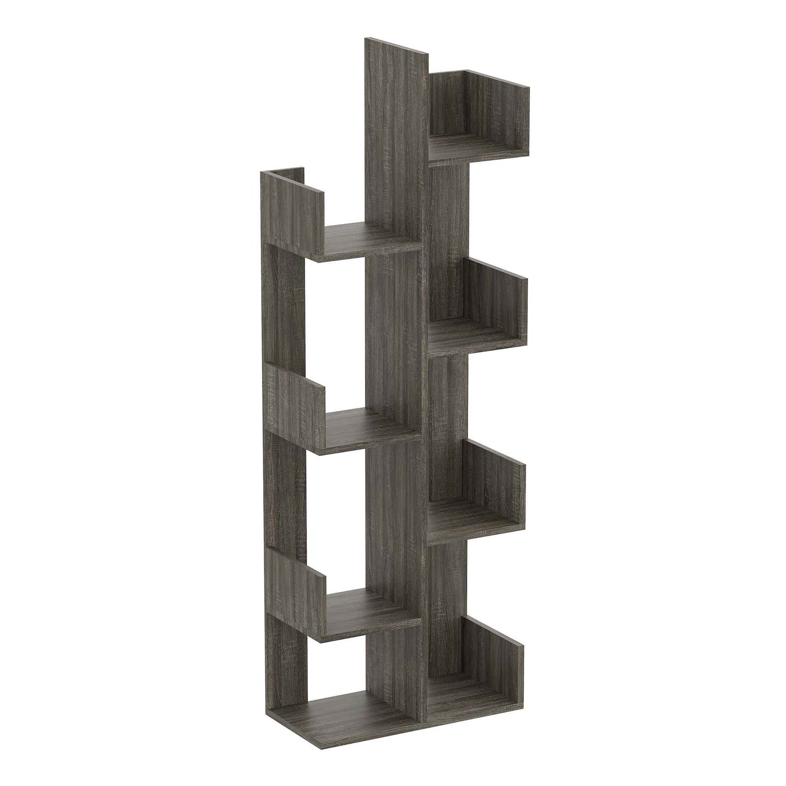 Étagère en bois gris foncé à 8 tablettes décalées, 57" H