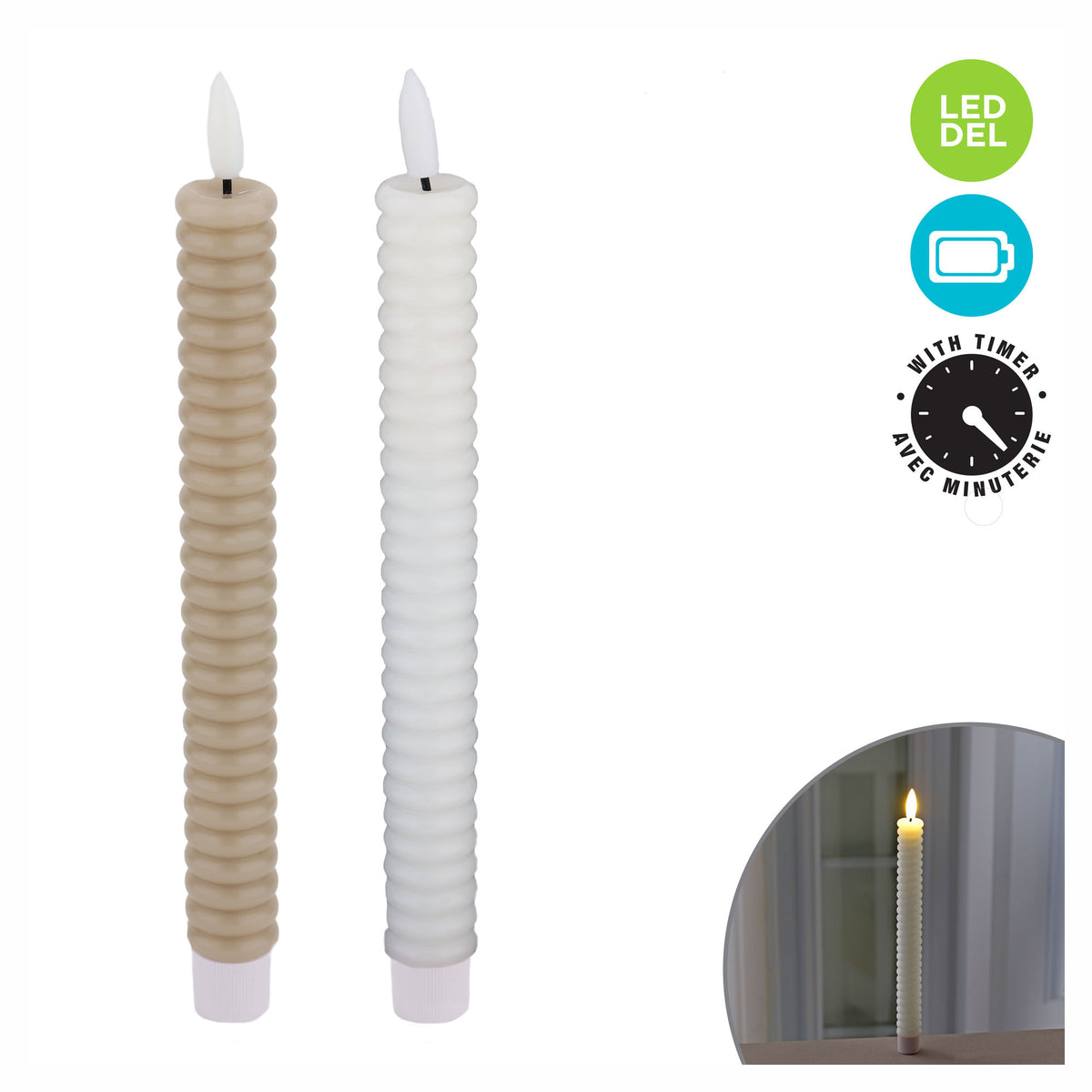 Ensemble de 2 chandelles de table en cire DEL à piles avec flamme 3D, 8,66'' (couleurs assorties)