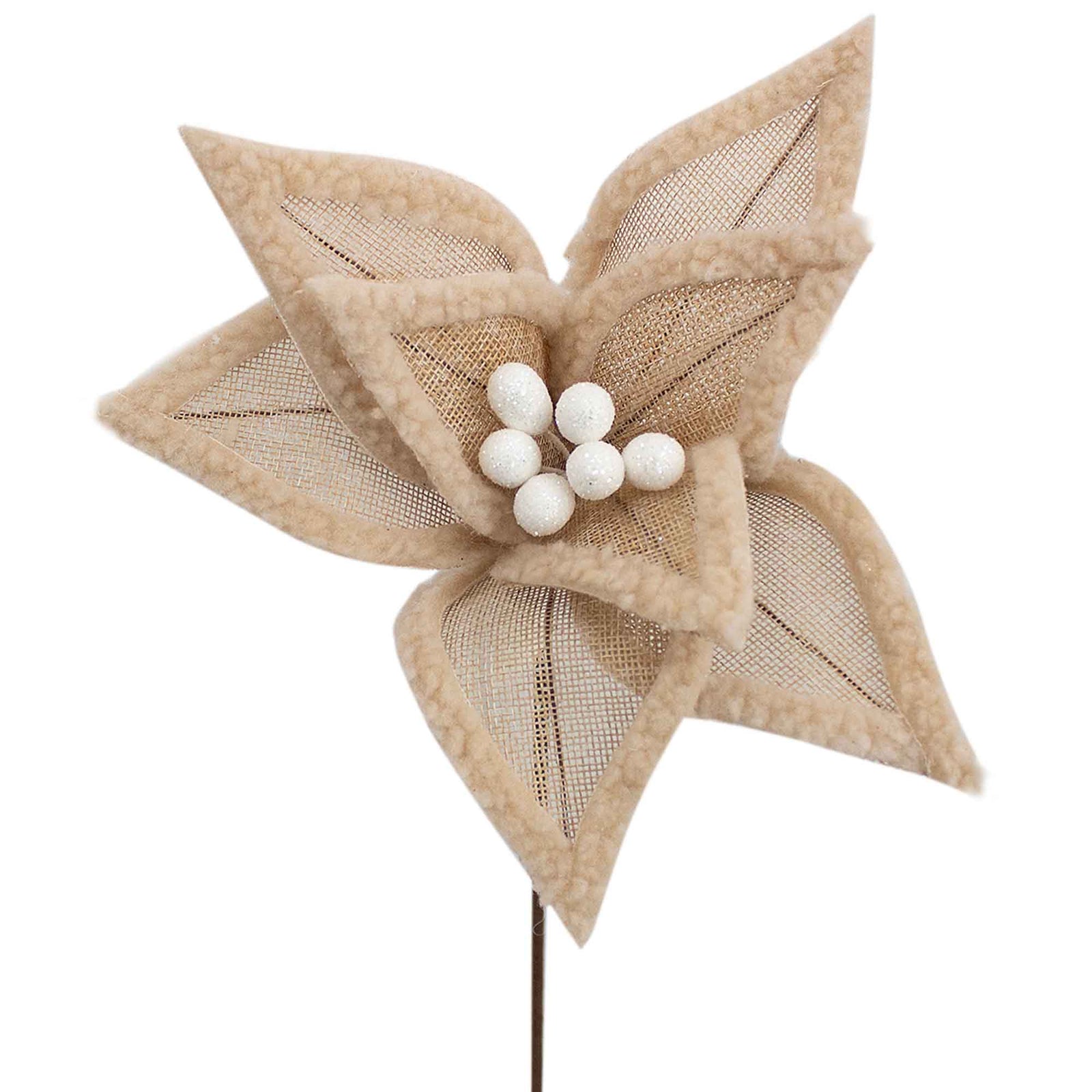 Pic de poinsettia en jute naturel avec baies blanches, 20"