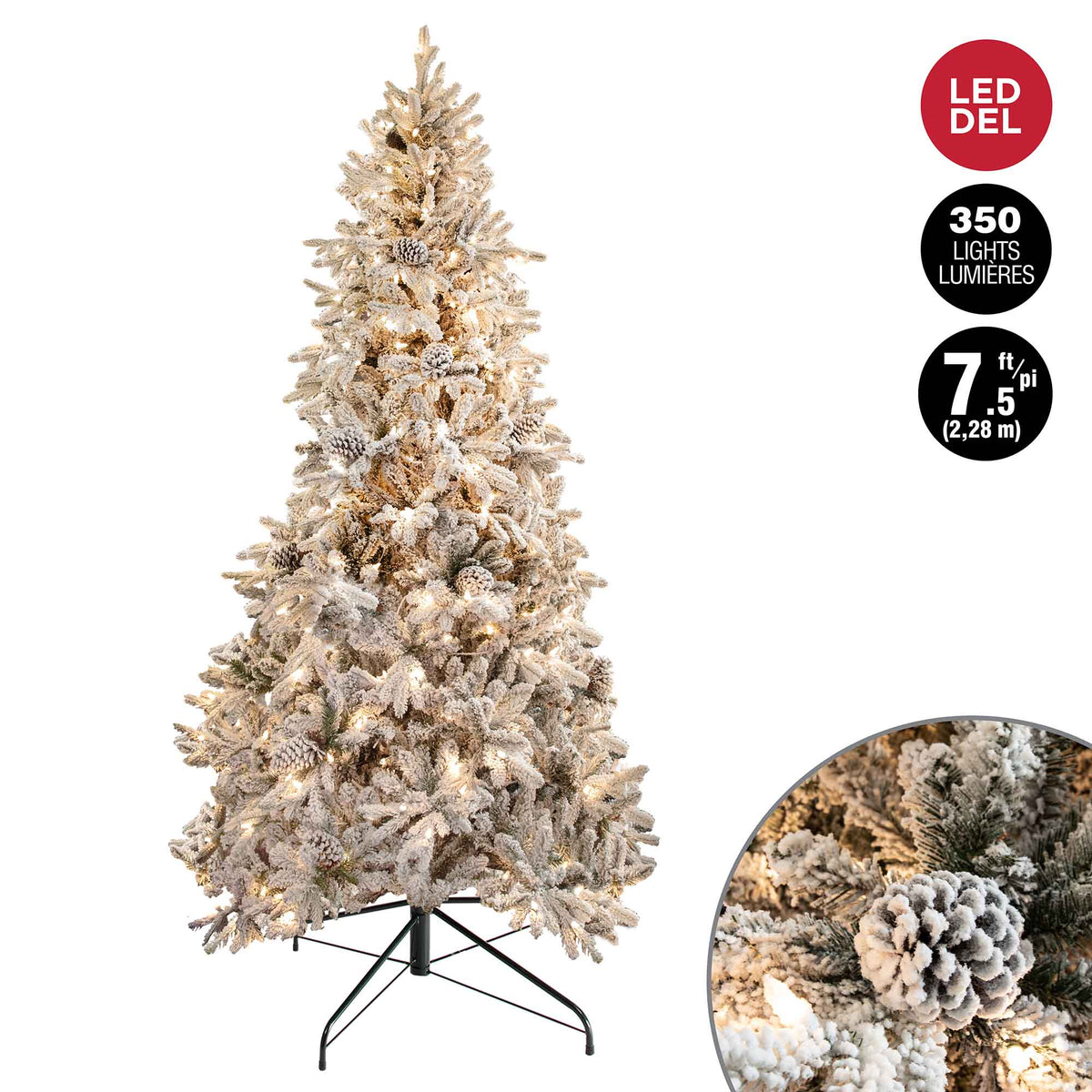 Sapin de Noël floqué à 350 lumières DEL M5 en blanc chaud avec 2 026 pointes, 7,5' (2,28 m)