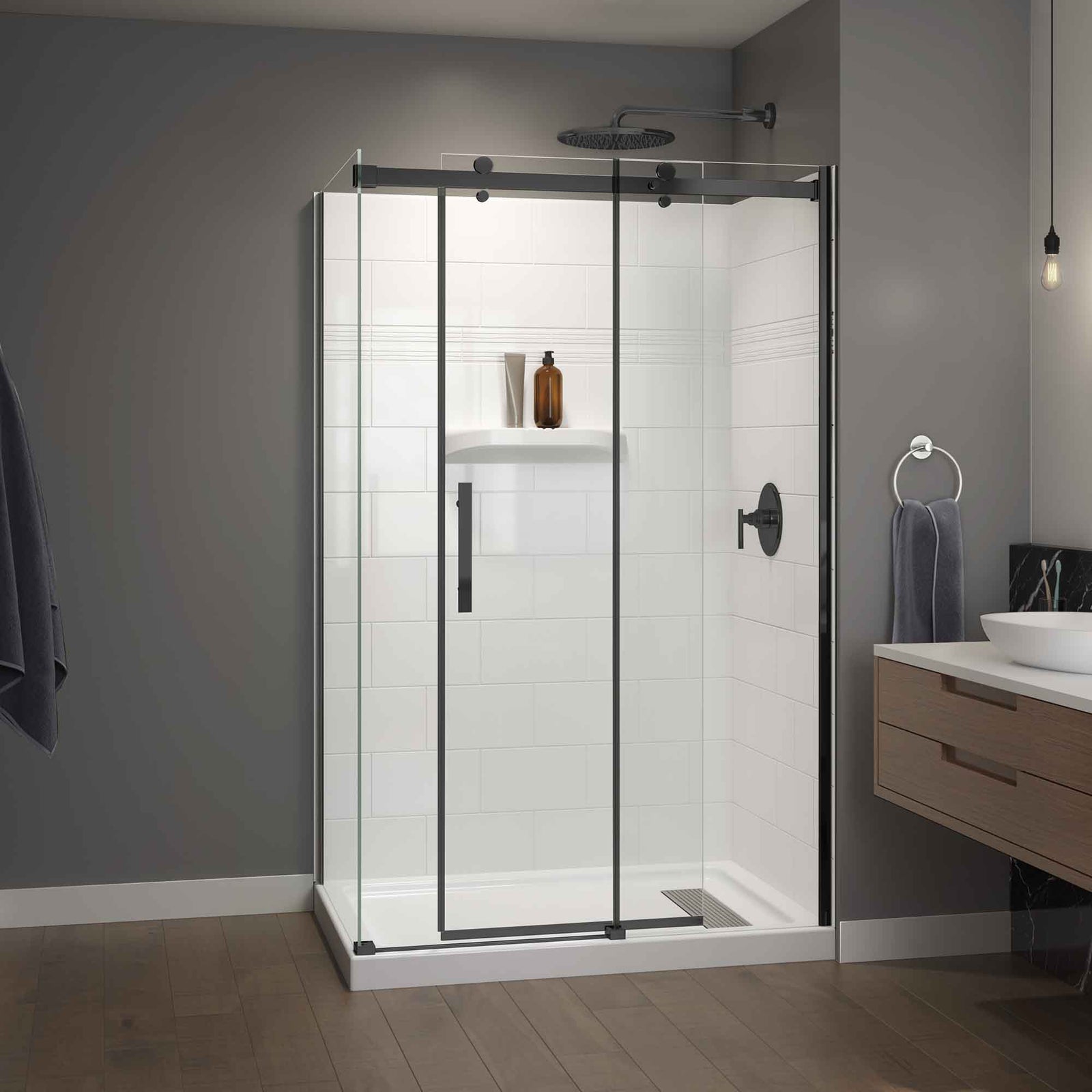 Douche moderne sans cadre avec porte coulissante réversible et panneau de côté, 48" x 36" x 78-1/8" 