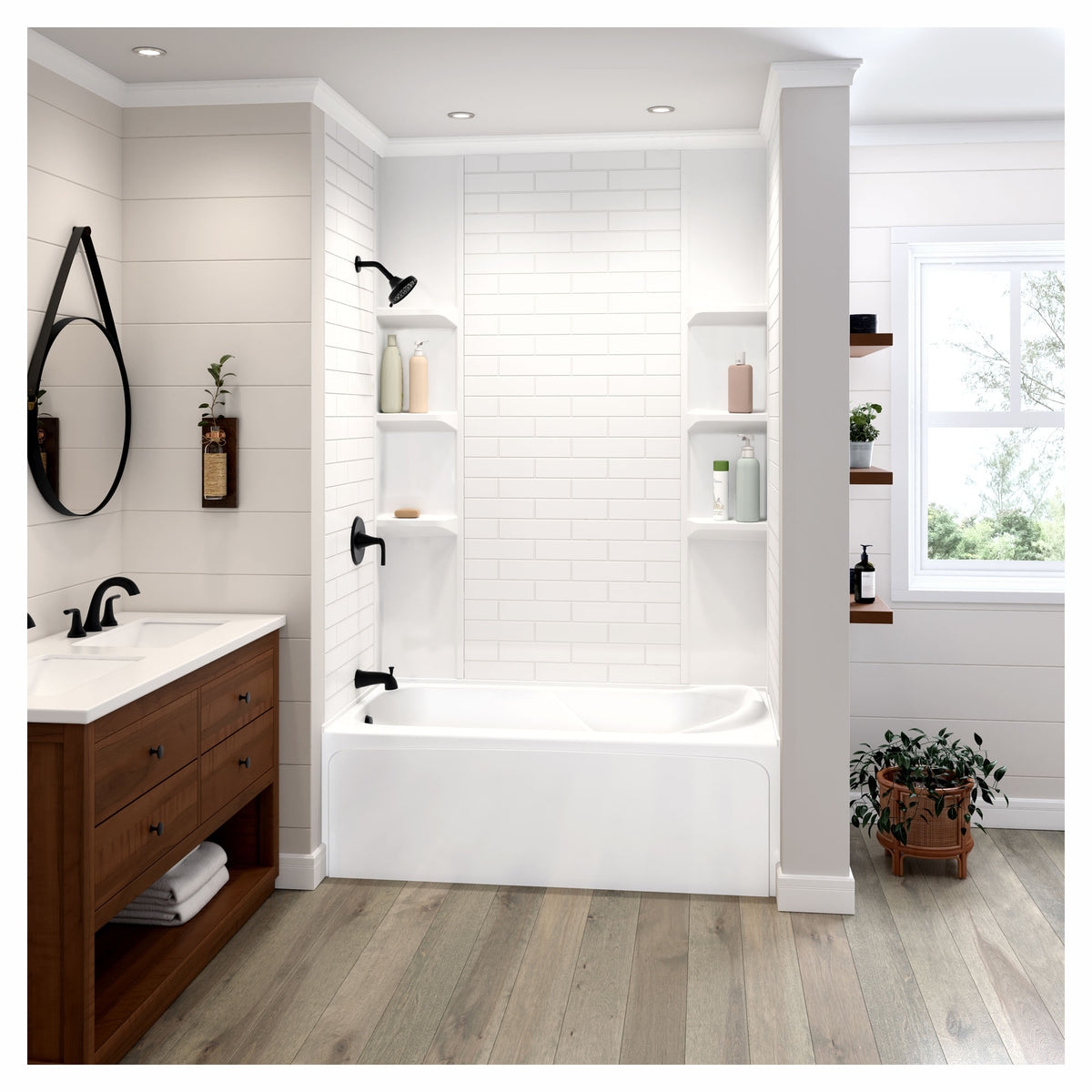 Mur de baignoire ou de douche à motif métro classique avec niches d’angle, 60'' x 36'' x 80''