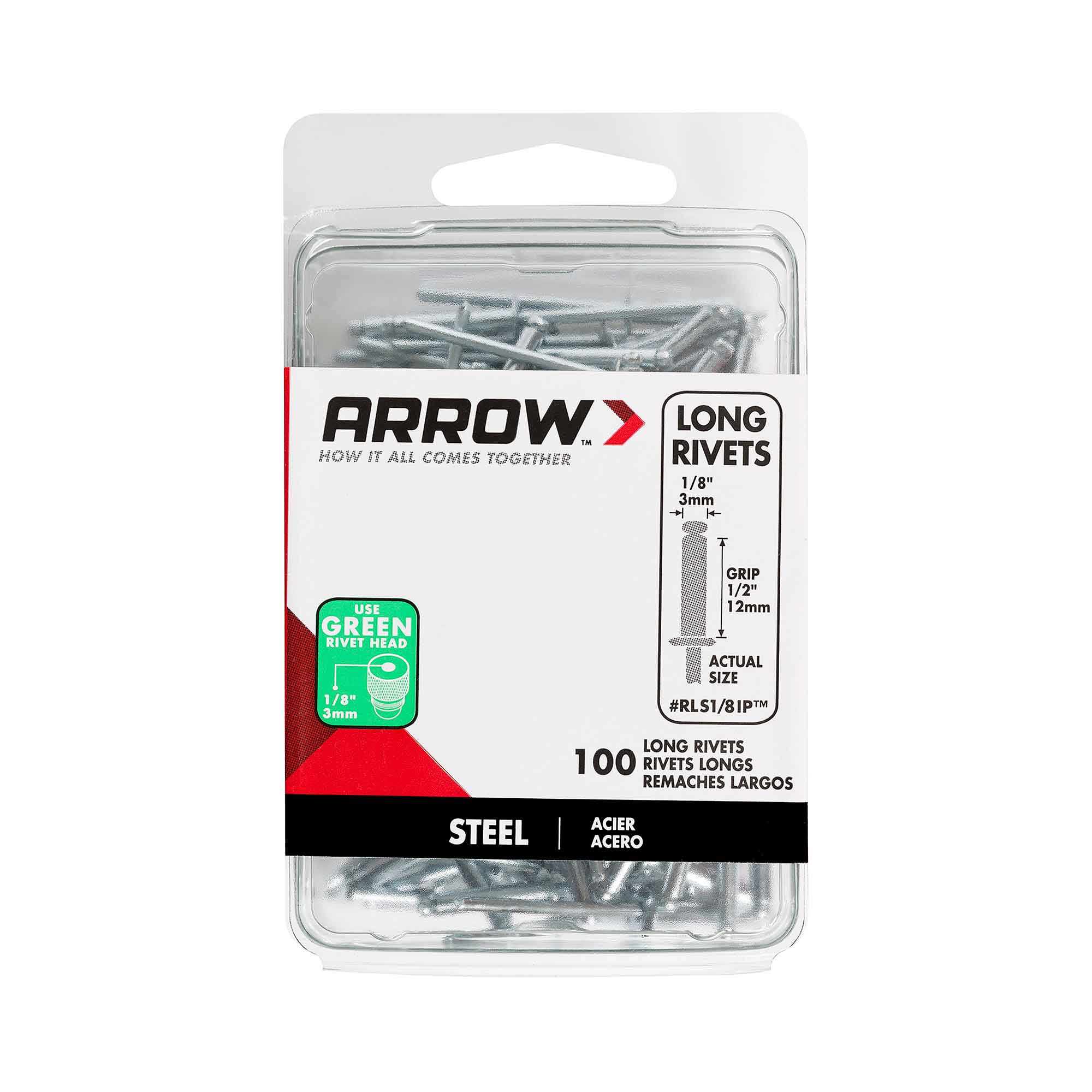 Rivet long 1/8" en acier, 100 unités 