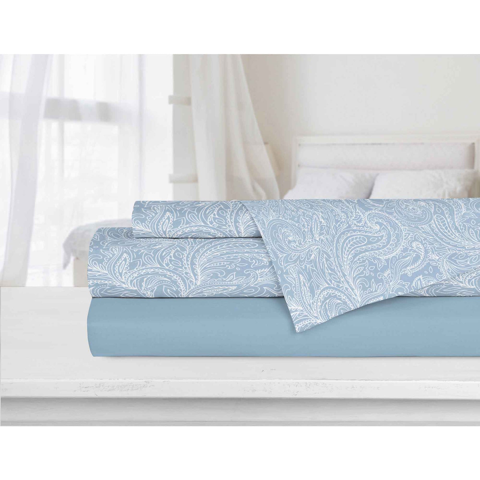 Ensemble de draps imprimés et unis super doux en microfibre pour lit double, bleu