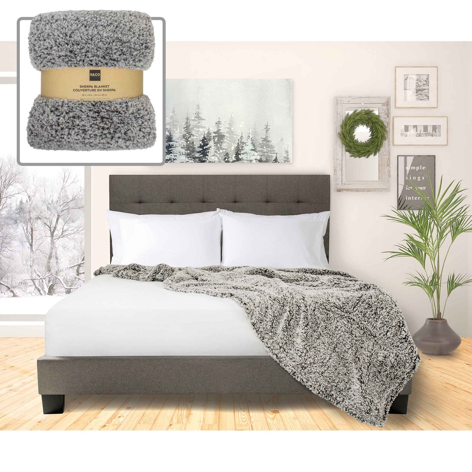 Couverture givrée en sherpa charbon, 88" x 80"