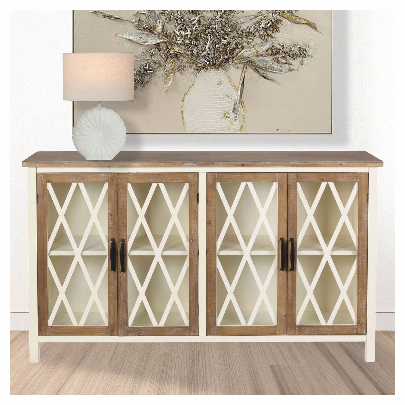 Buffet à motif en ''X'' à 4 portes vitrées, 58-1/4" x 14" x 33-1/2"