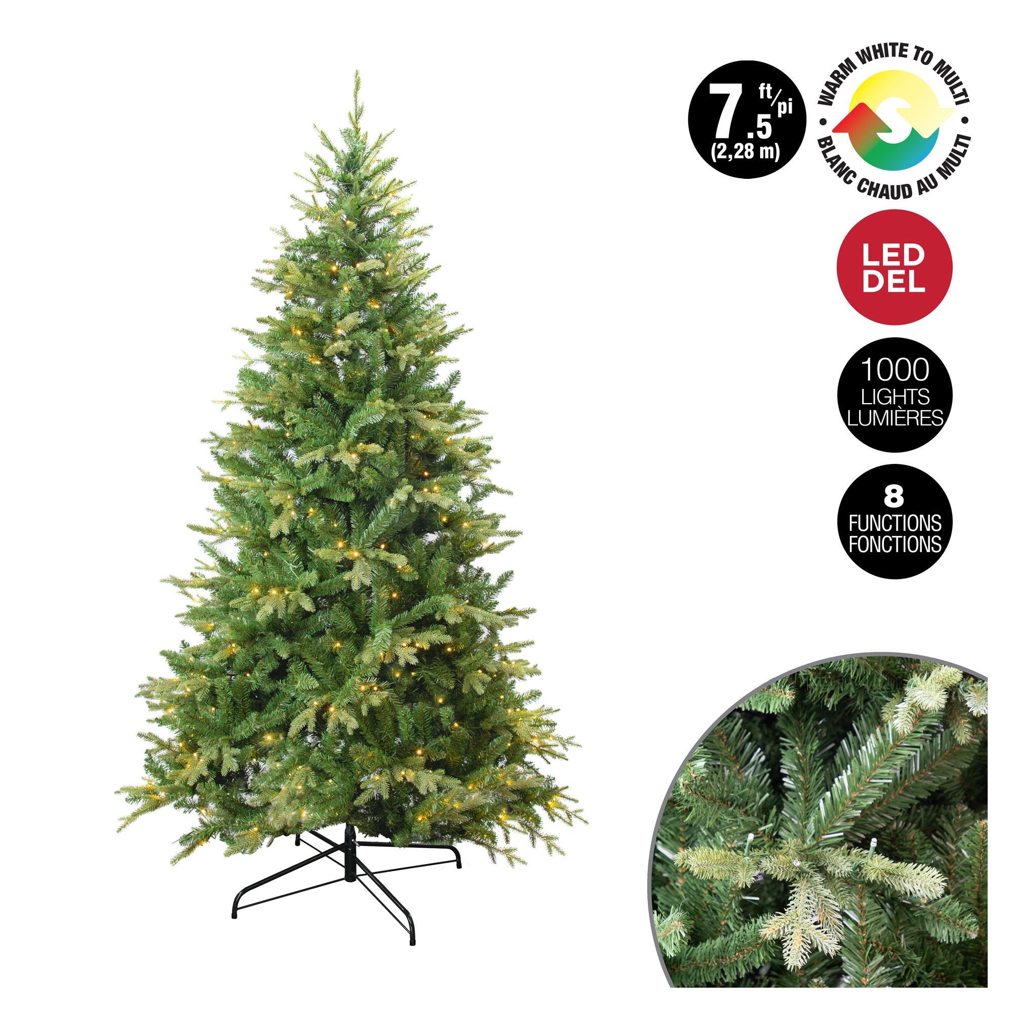 Arbre de Noël en PE et PVC mixte de 2 638 pointes avec 1 000 lumières DEL blanc chaud, 7,5'