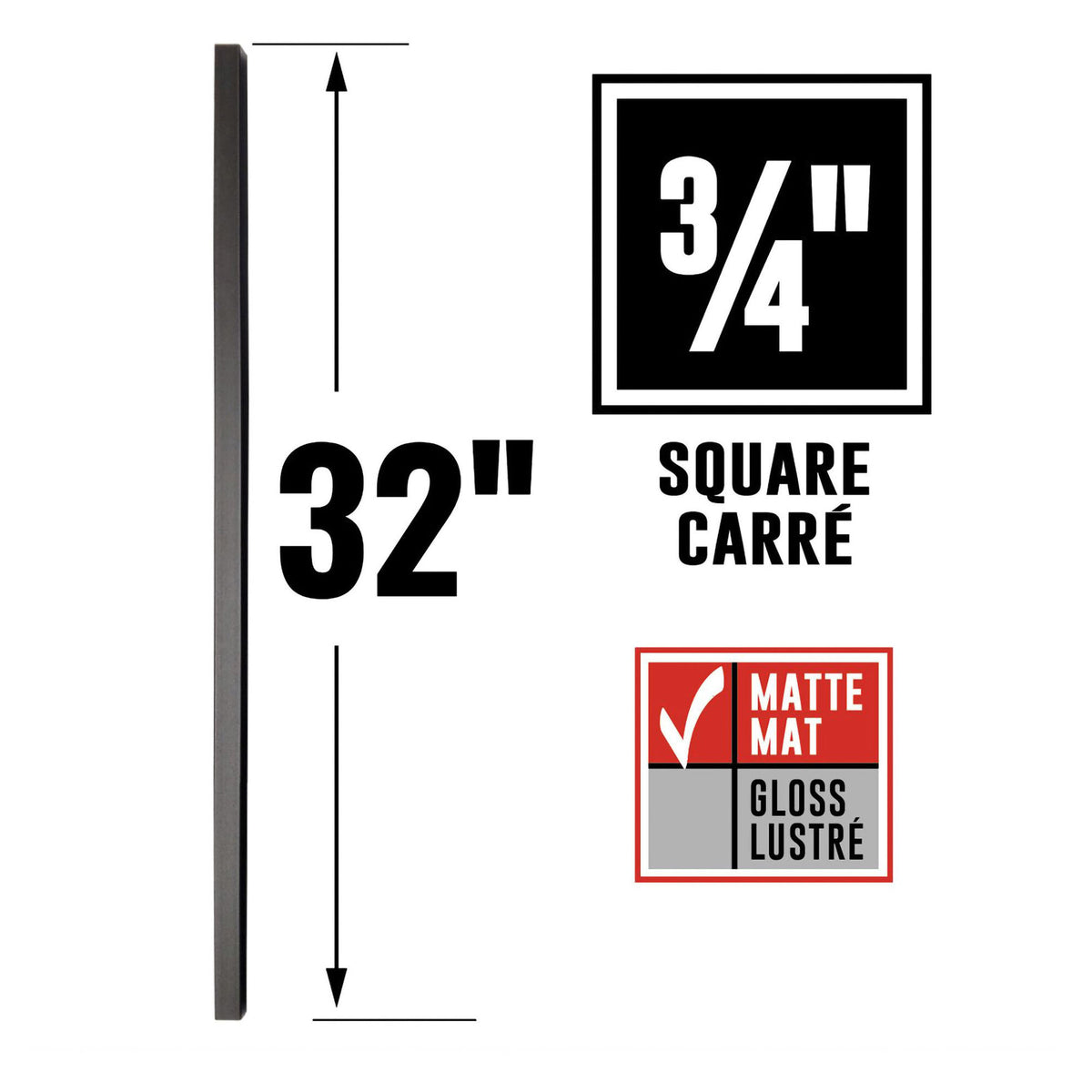 Balustres carrés avec connecteurs en acier noir mat, 32" x 3/4" (30 unités)