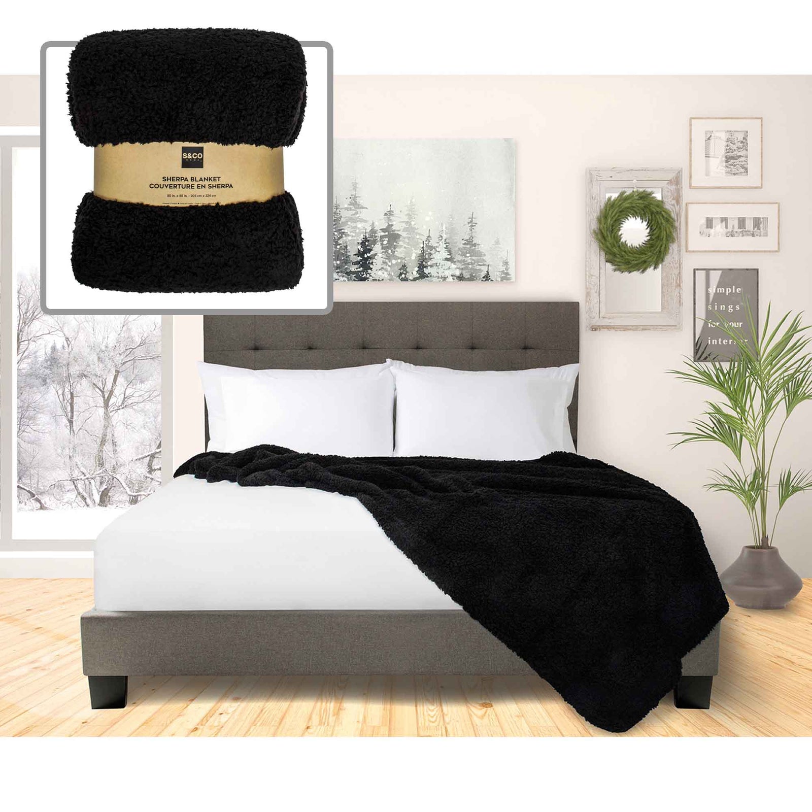 Couverture givrée en sherpa noir, 88" x 80"