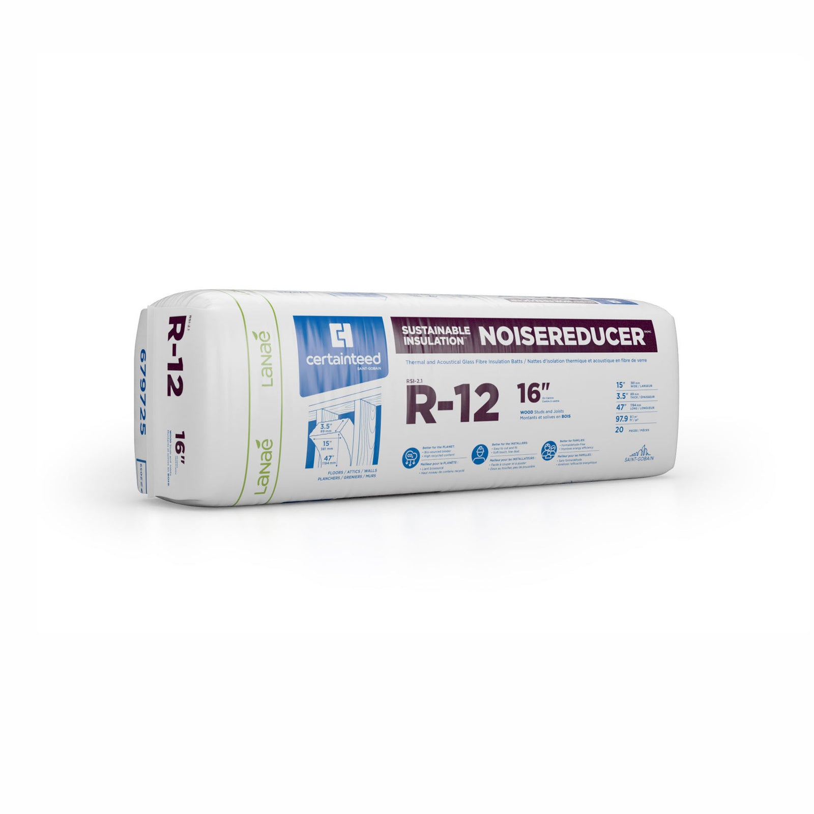 Laine d’isolation thermique et acoustique en fibre de verre R12, 3-1/2" x 15" x 47" (97,9 pi²)