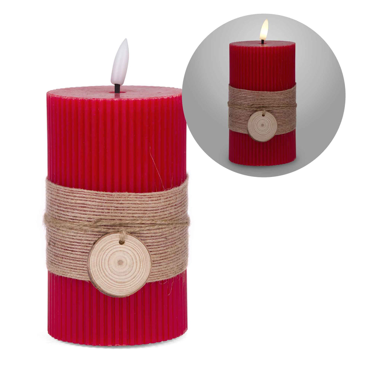 Chandelle rouge à éclairage à DEL avec ruban de jute et rondin de bois, 5&quot; 