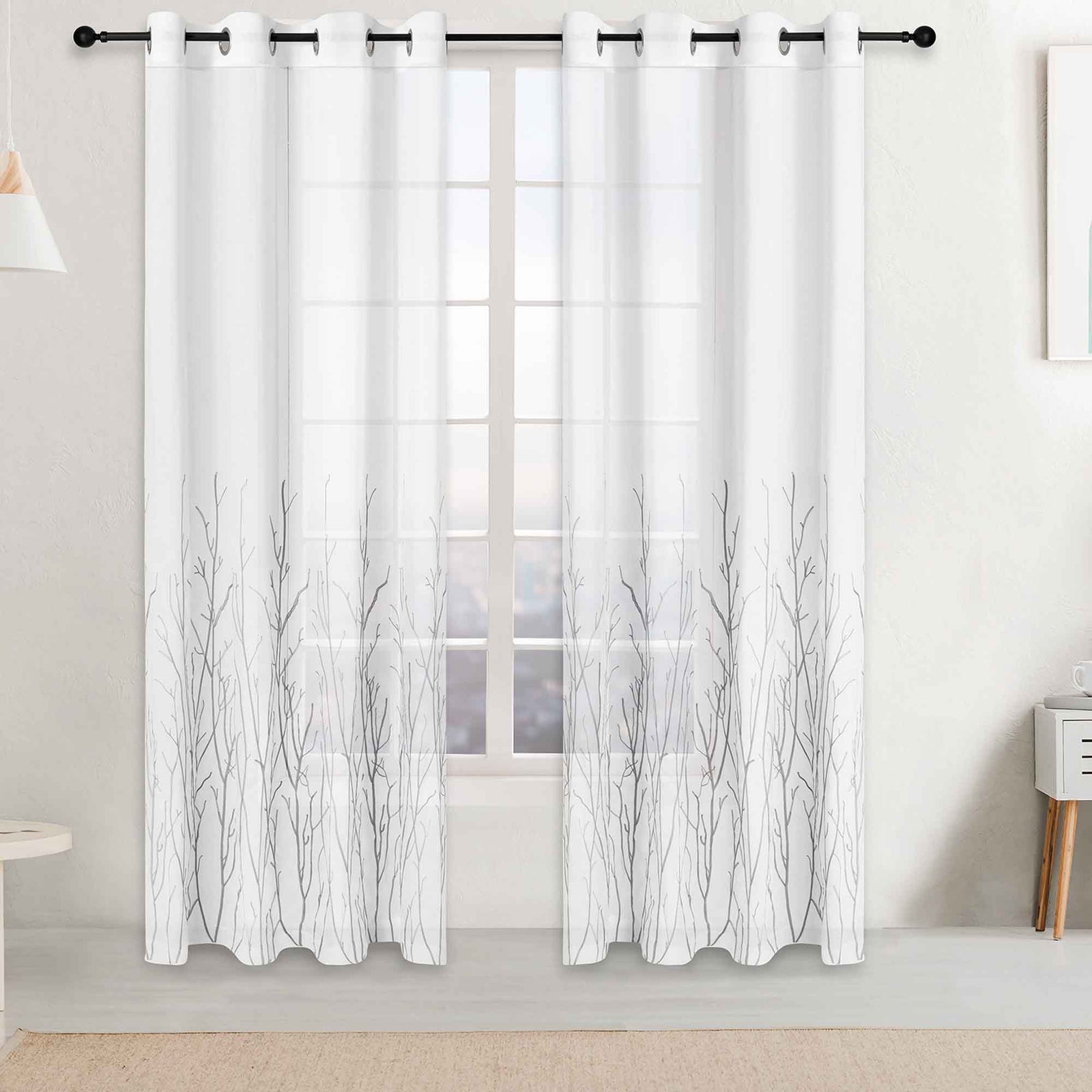 Rideau de voilage brodé avec motif de branches, gris clair 