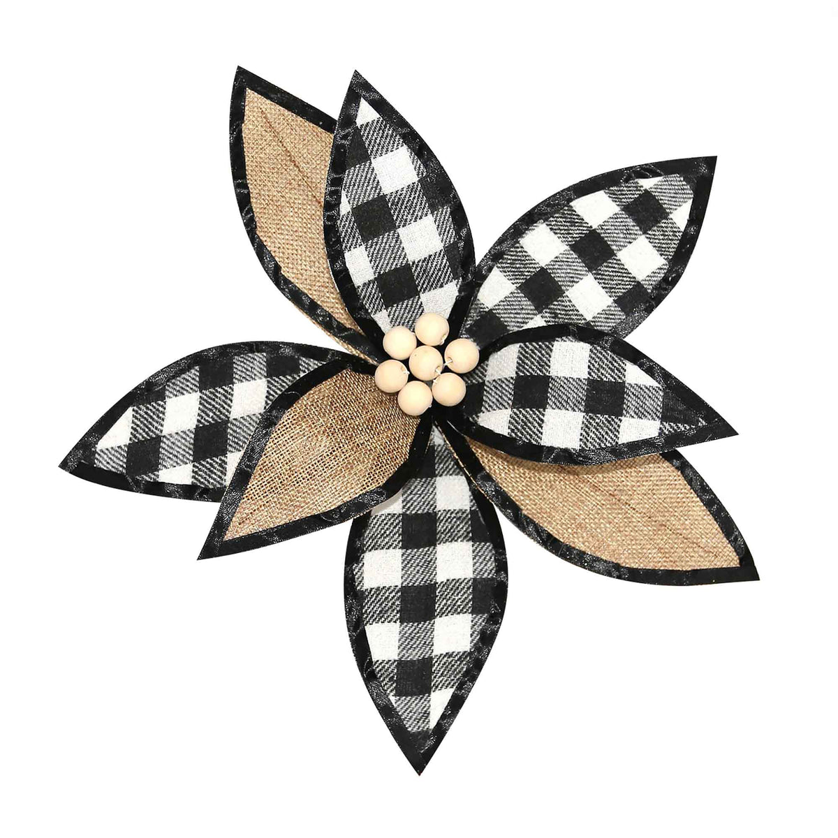 Tête de poinsettia en jute naturelle avec motif à carreaux en noir et blanc et clip, 12&quot; 