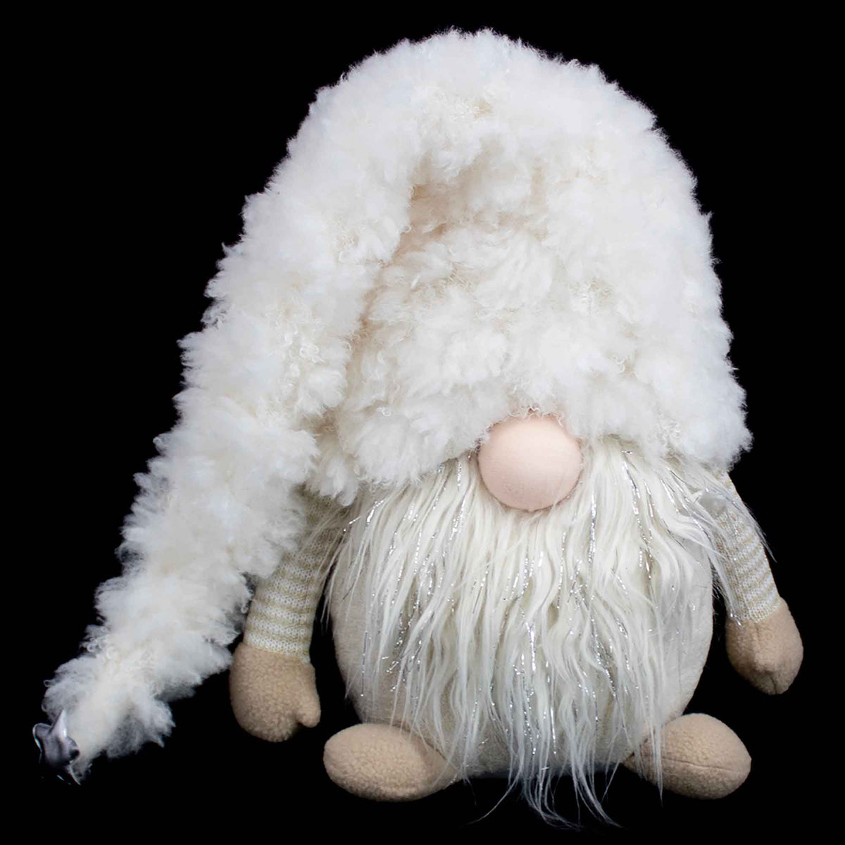 Petit gnome en tissu beige avec tuque de fourrure, 26"