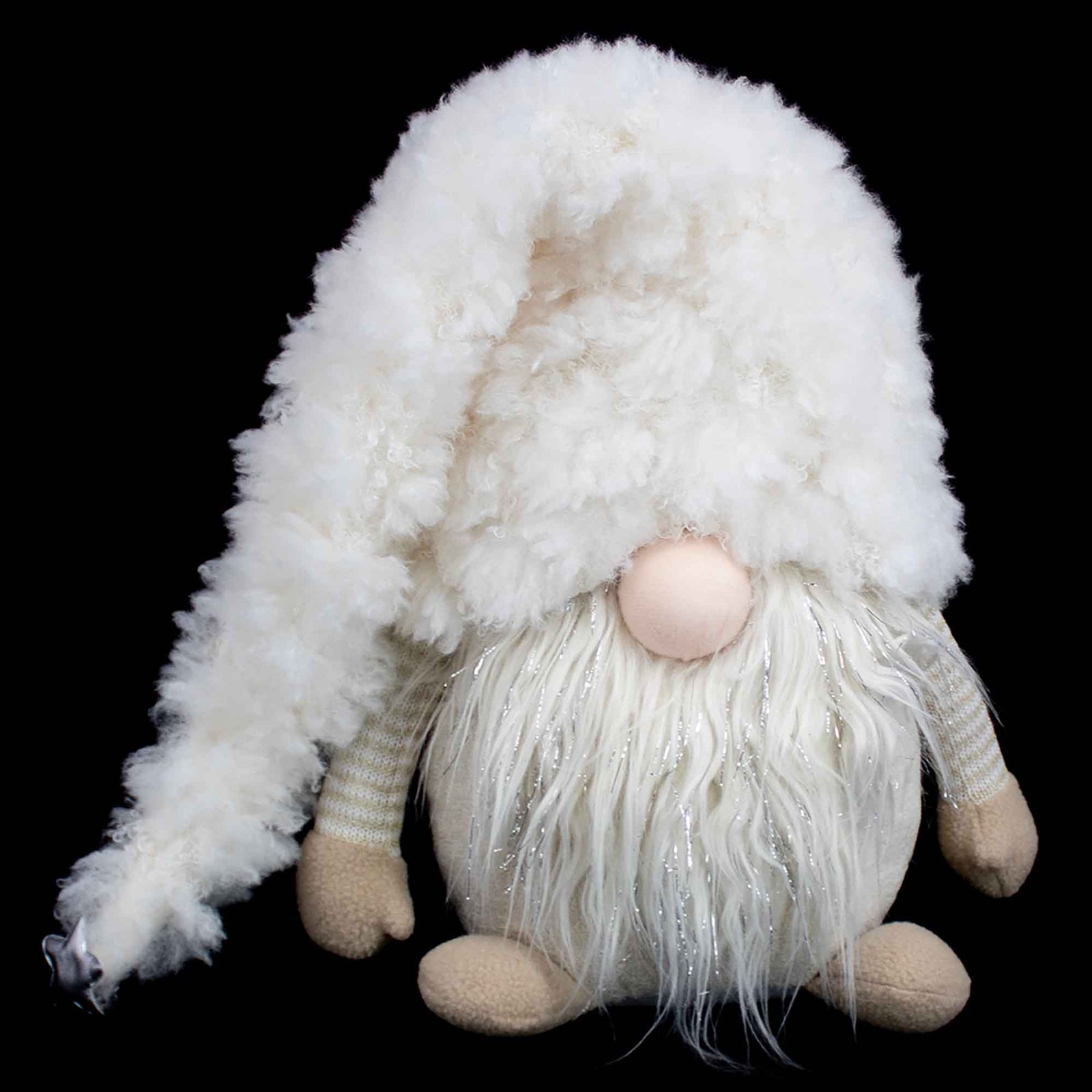 Petit gnome en tissu beige avec tuque de fourrure, 26"